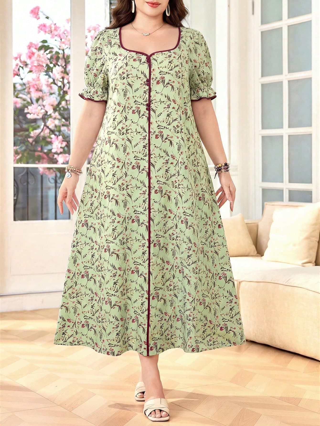 Lacomfia Women's Square Neck Petal Sleeve Loose Comfortable Romantic Ditsy Floral Plus Size Dress