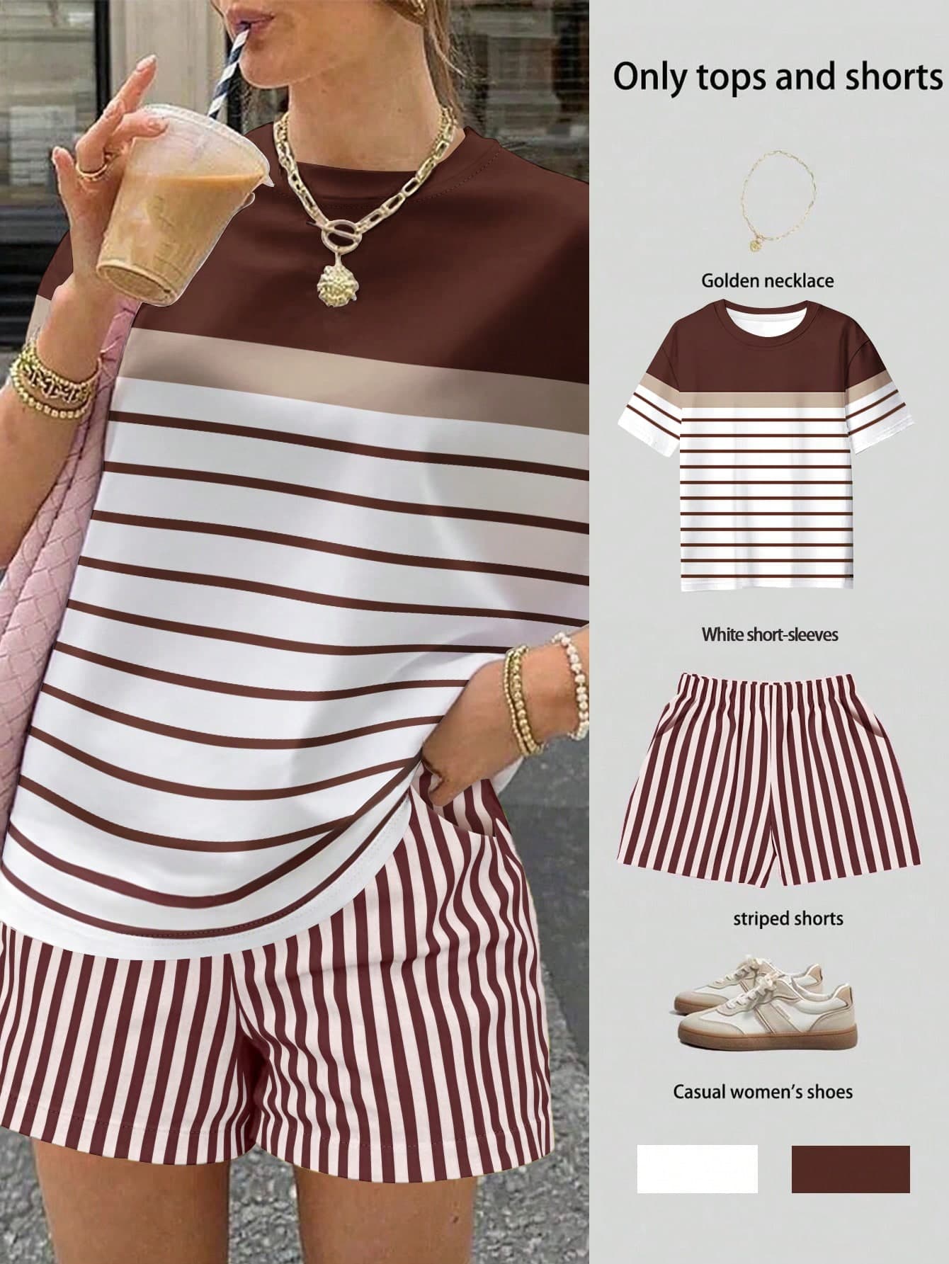EMERY ROSE Women's Striped Round Neck Short Sleeve T-Shirt And Shorts Casual 2-Piece Set