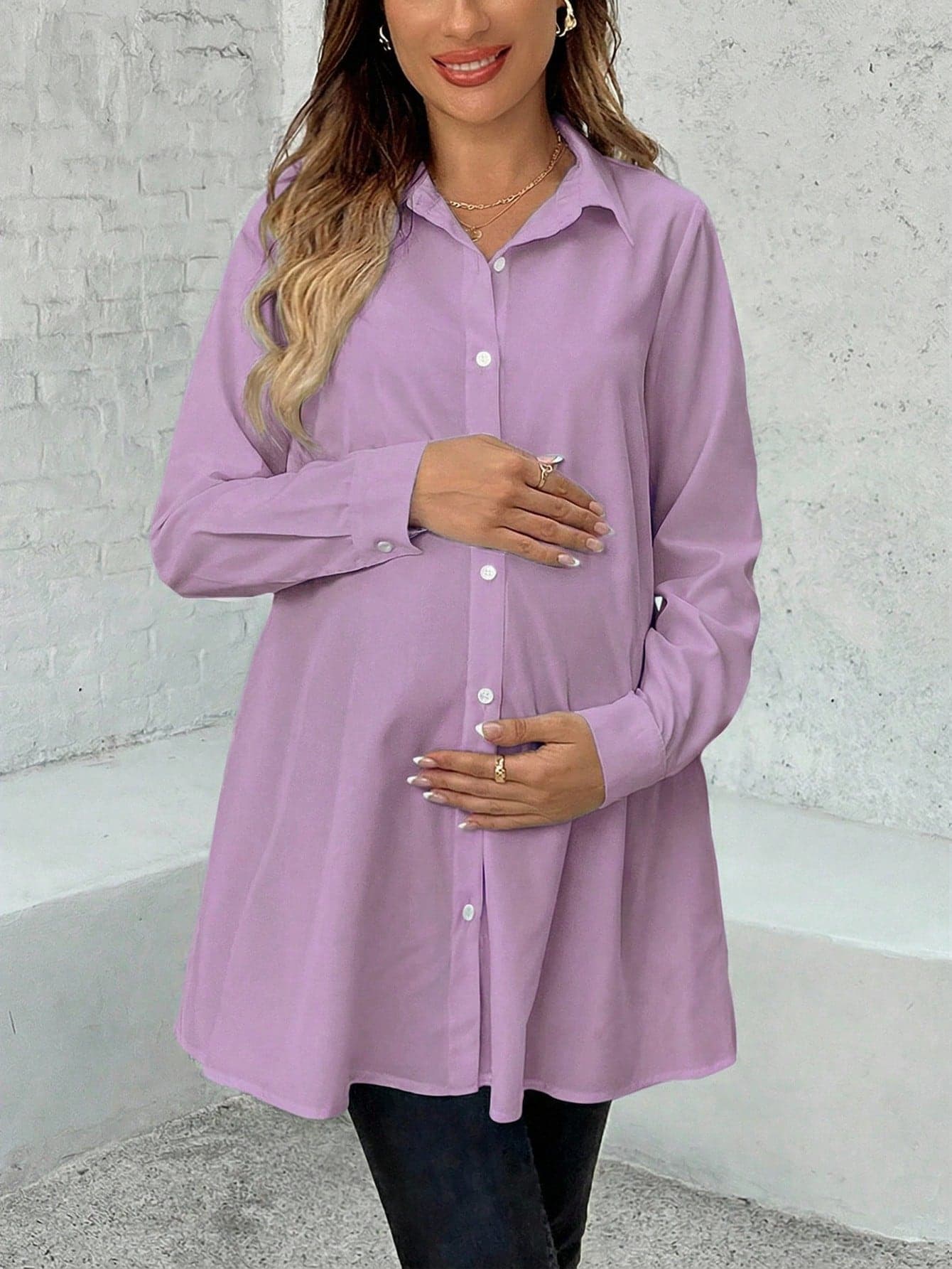 SHEIN Maternity Solid Color Long Sleeve Single-Breasted Casual Long Shirt Autumn Baby Shower Maternity Pink None, Maternity Photoshoot Fall