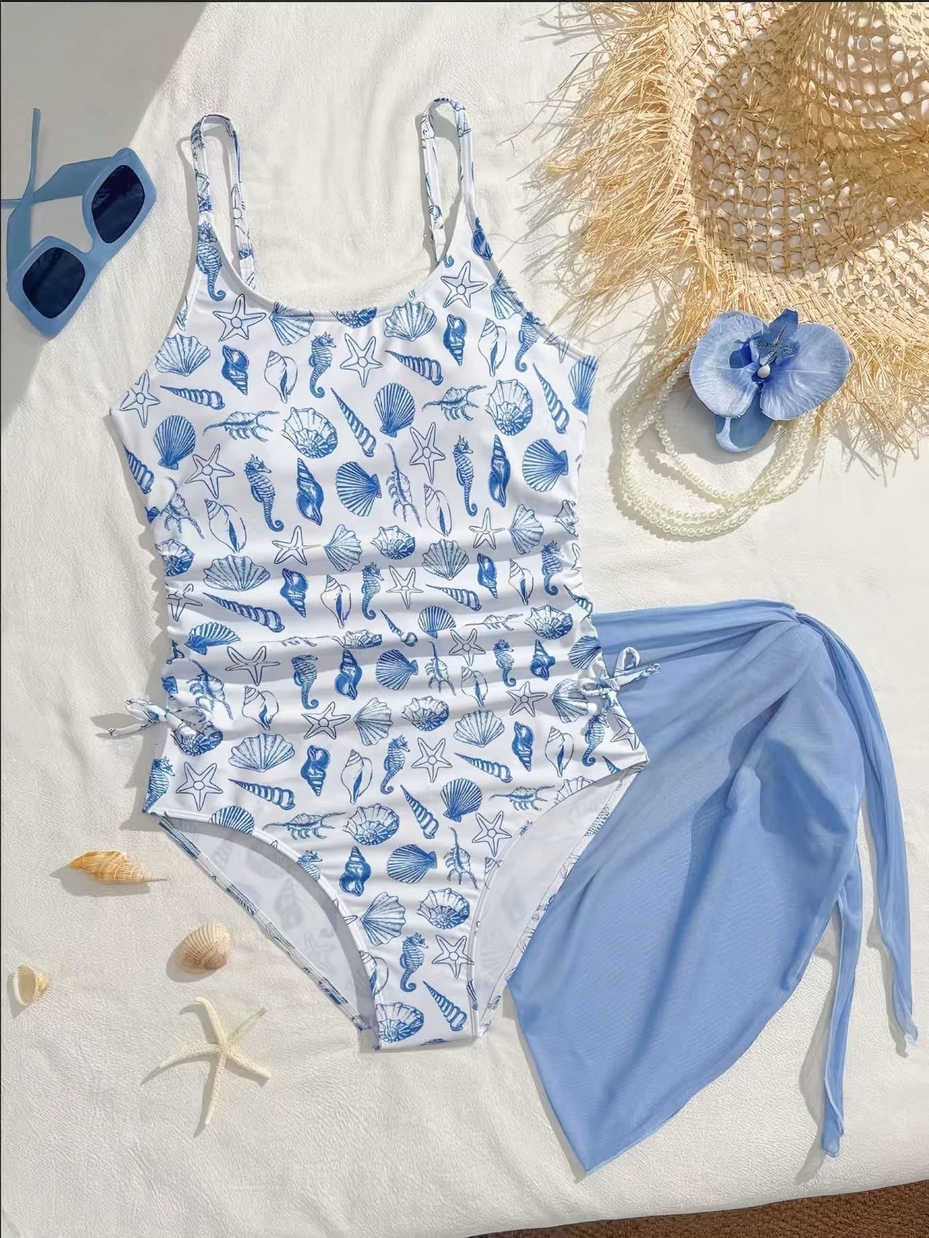 SHEIN Tween Girl Blue Shell Print One-Piece Swimsuit & Mesh Skirt,Cute White Summer Holiday Pool Party Holiday,Seahorse Seashell Ruched Bathing Suit Outfit