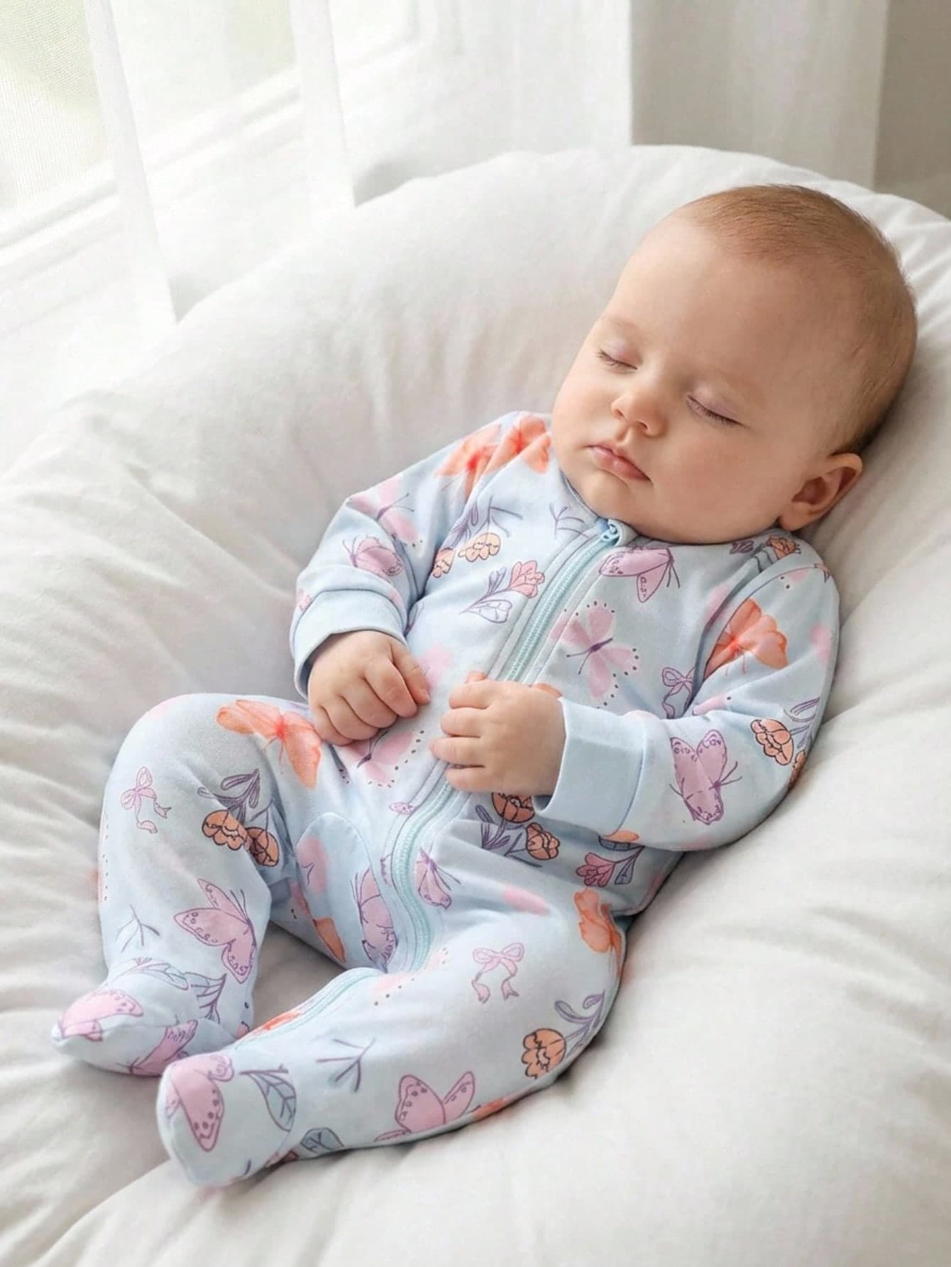 Dozy Joy Newborn Long Sleeve Footed Romper,Blue And Orange,Autumn,Cute Cartoon Butterfly & Floral Print Zipper Style Soft Comfortable Loungewear