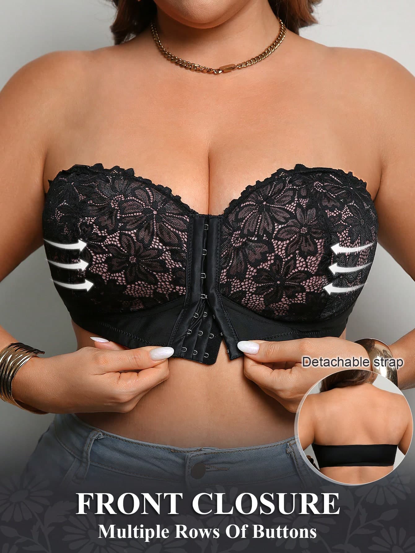 DesireSculpt Plus Size Black Wireless Lace Front Closure Supportive Bra