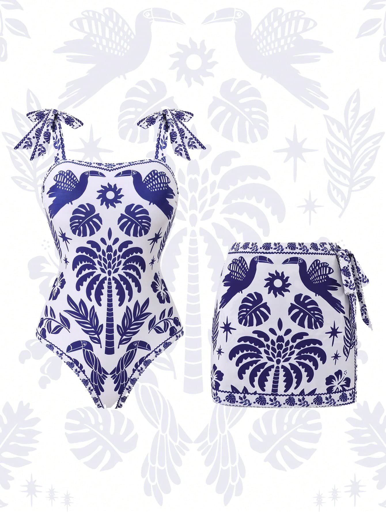 Swim Oasis Plus Size Women's White Summer Boho Beach Holiday One-Piece Swimsuit,Detachable Skirt,Shoulder Strap Tie Design,Printed Swimwear 2-Piece Set