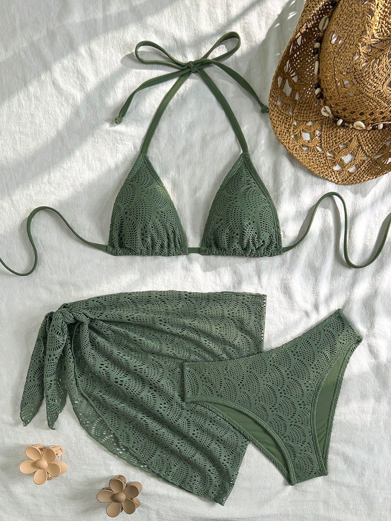 Swim Vcay Women's Beach Vacation Shell Jacquard Fabric Halter Tie Backless Sexy Bikini 3 PiecesSwimsuit