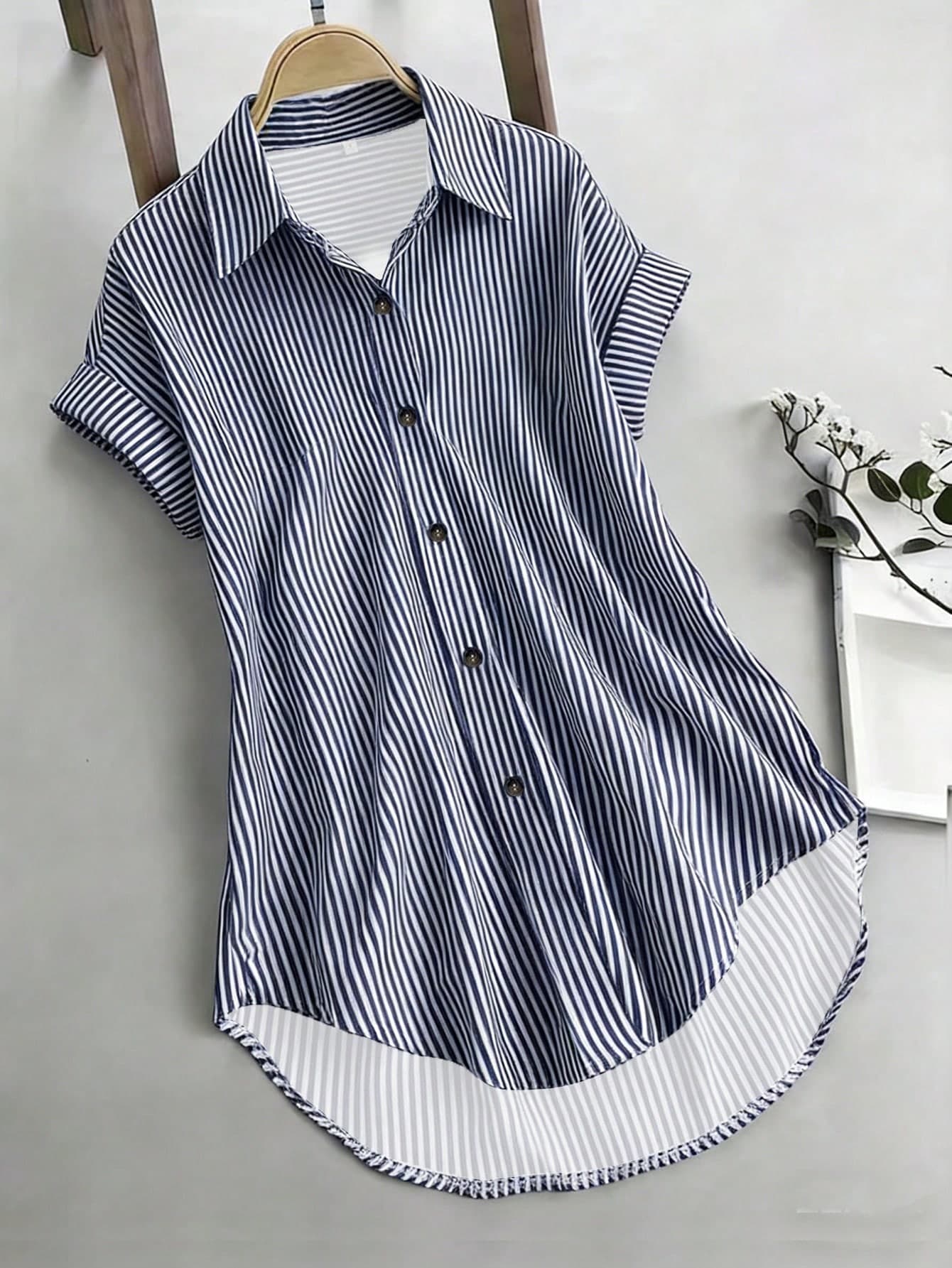 EMERY ROSE Casual Commuter Striped Front Short Back Long Shirt, Summer
