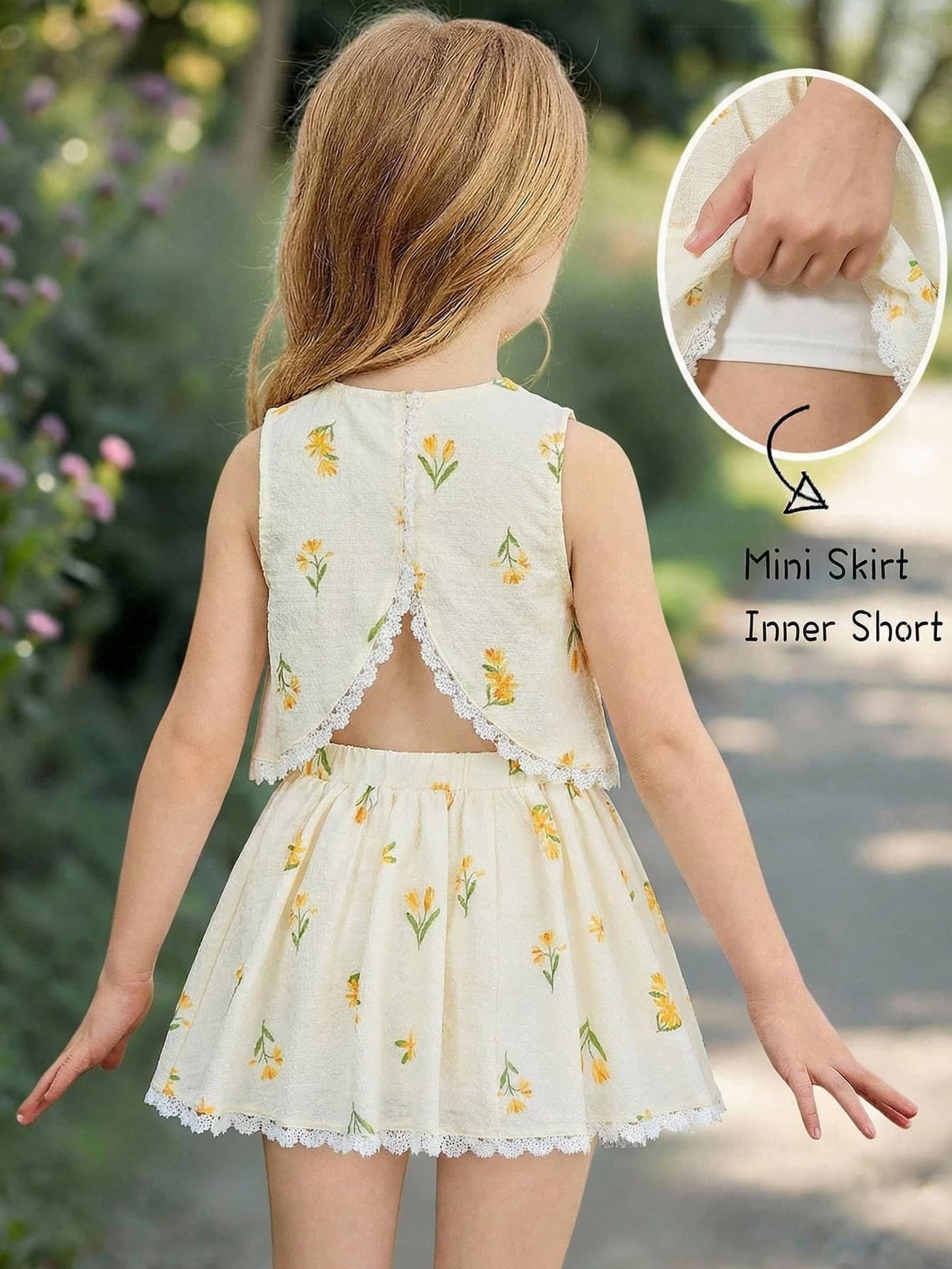 Emery Rose Kids Emery Rose Kids 2pcs Young Girl Ditsy Floral Lace Trim Sleeveless Top And Skirt Set Girls Summer Outfit Two Piece Mini Open Back For Kids Inner Short