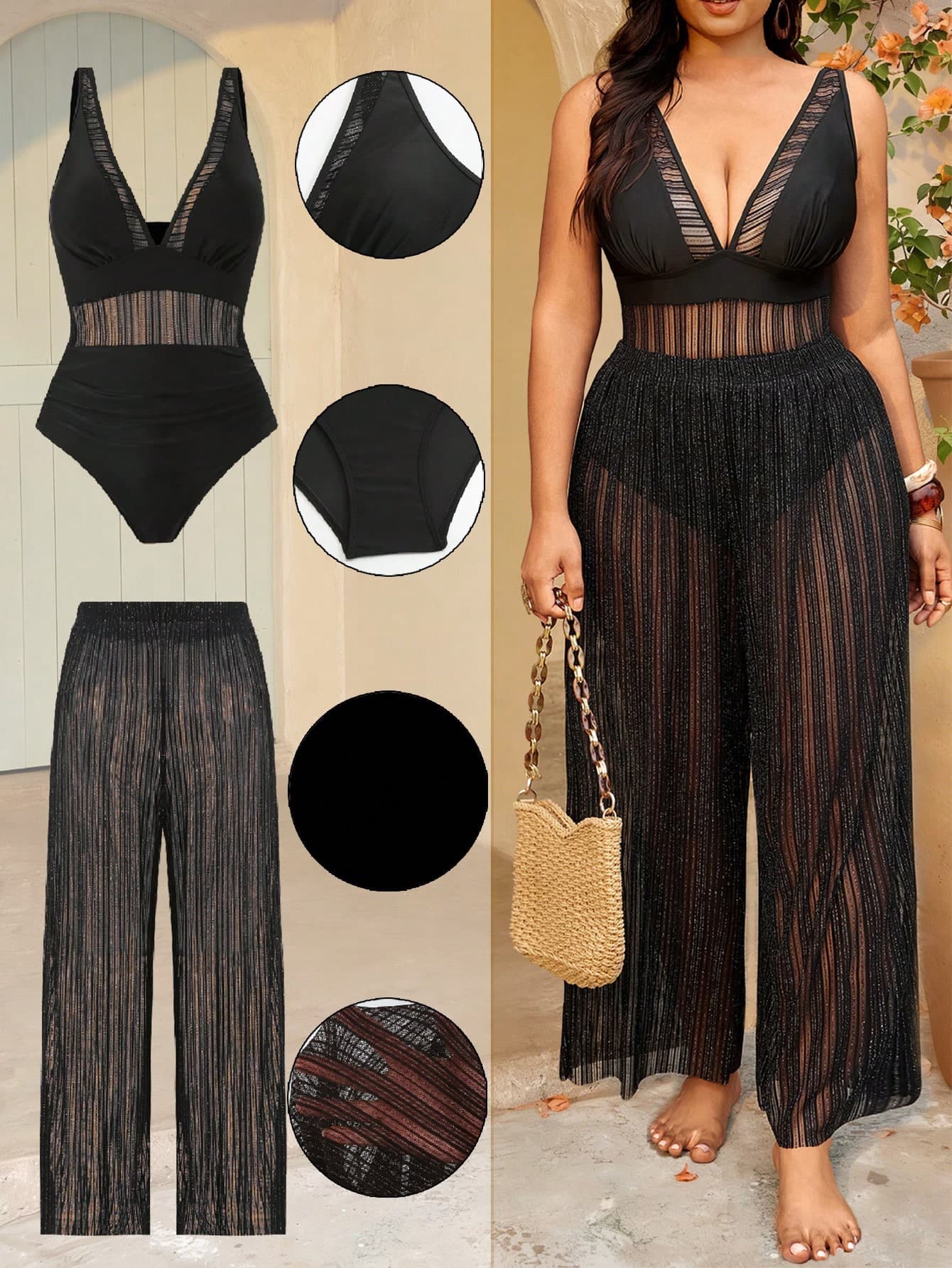 Swim Oasis Plus Size Black Summer Classy Beach One-Piece Swimsuit,Solid Color Mesh Patchwork Deep V-Neck Waist Ruched Design With Long Pants Set