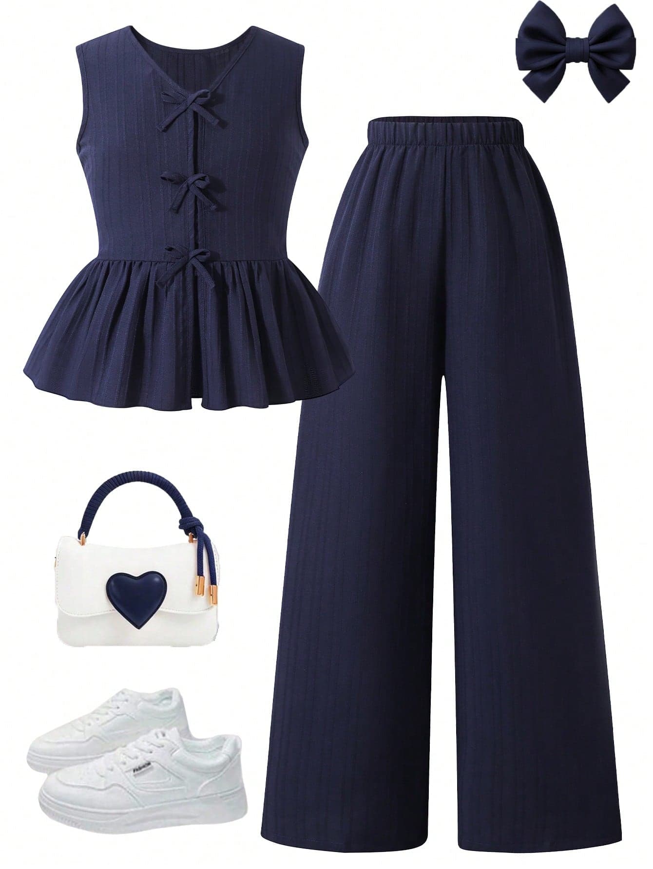 SHEIN Tween Girls' Summer Casual Navy Blue Front Tie Ruffle Hem Top And Wide Leg Pants 2 Piece Set,Cute Preppy Outfit For Tea Party,Cruise And Teen Girls