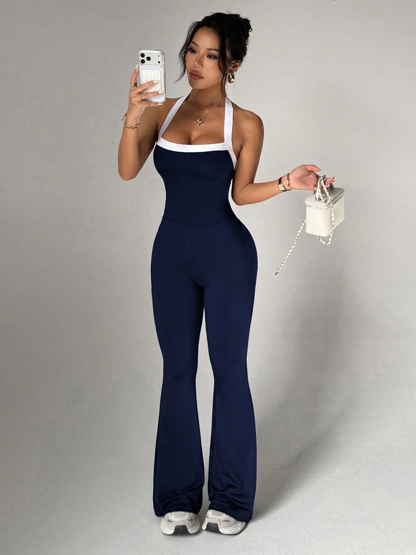 StreetHx Women's Yoga Outdoor Fitness Jumpsuit, Spaghetti Strap Contrast Color Backless Tank Top & Tight Flare Pants