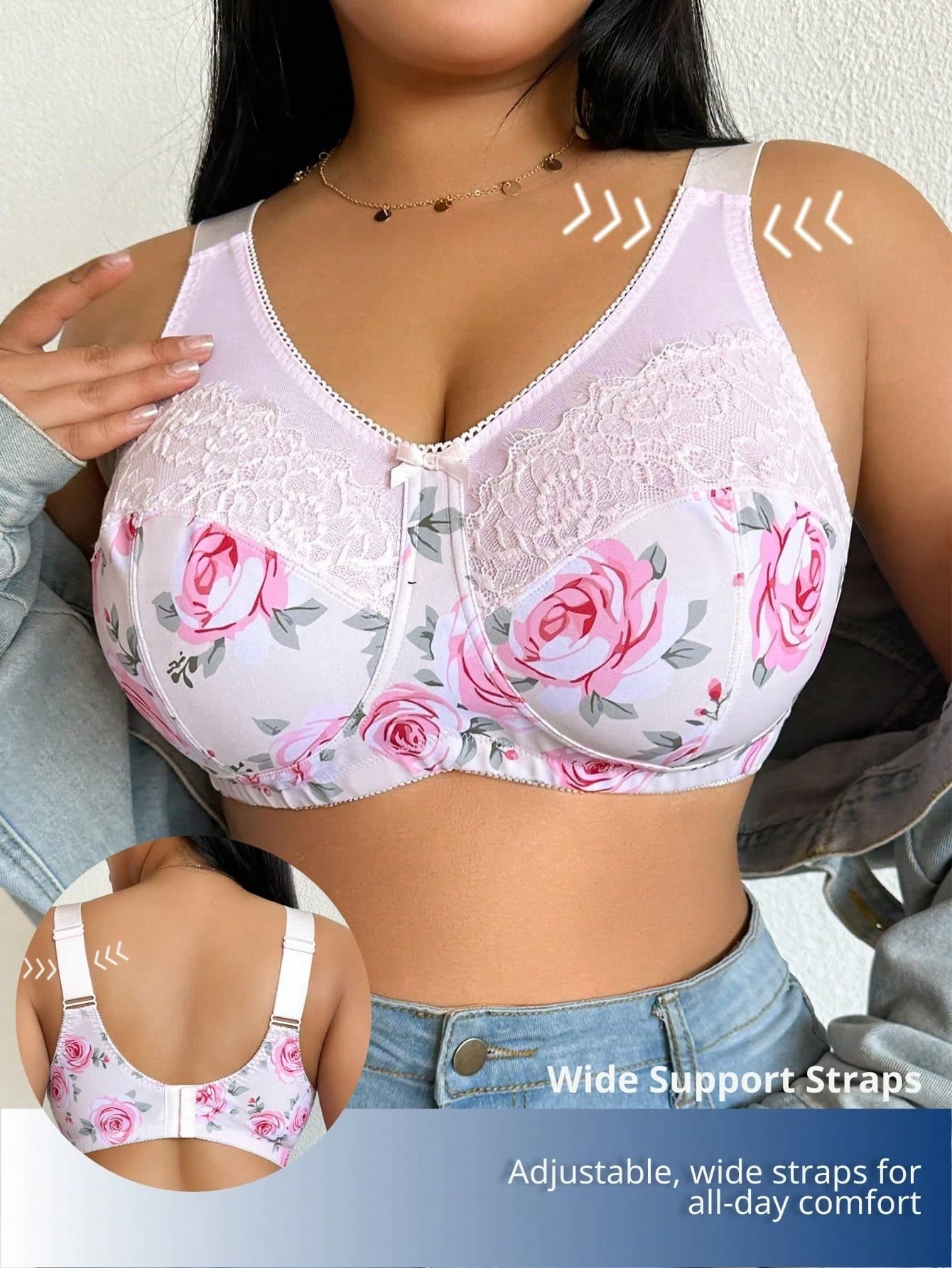 DesireSculpt Floral Plus Size Push Up Bra With Lace Details Full Cup Design And Adjustable Wide Straps For Comfort