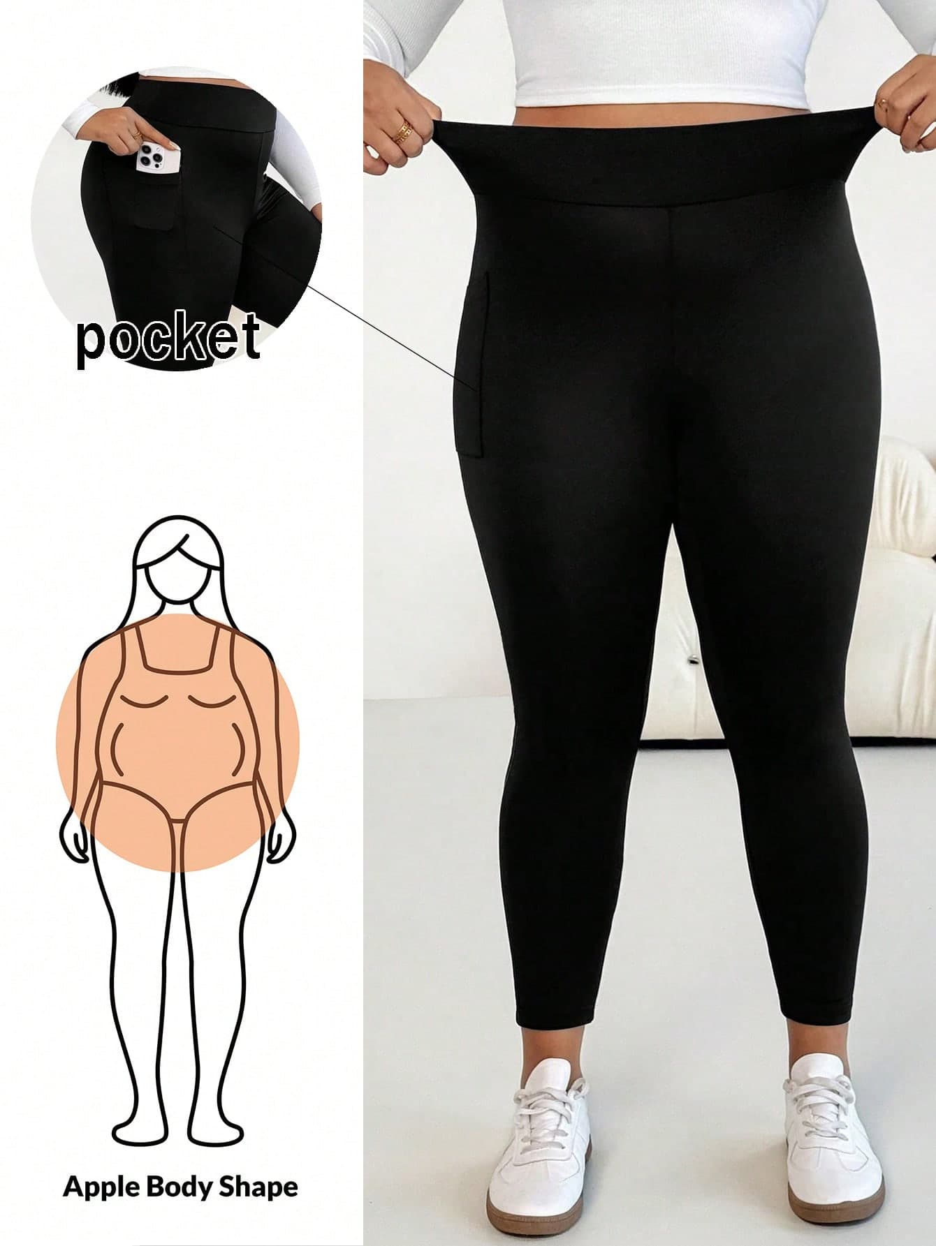 SHEIN Essnce Plus-Size Women's High-Waisted Black Leggings With Pockets,High-Elasticity Curve Pants,Everyday Casual Street Wear,Gym,Gothic,Autumn,Spring