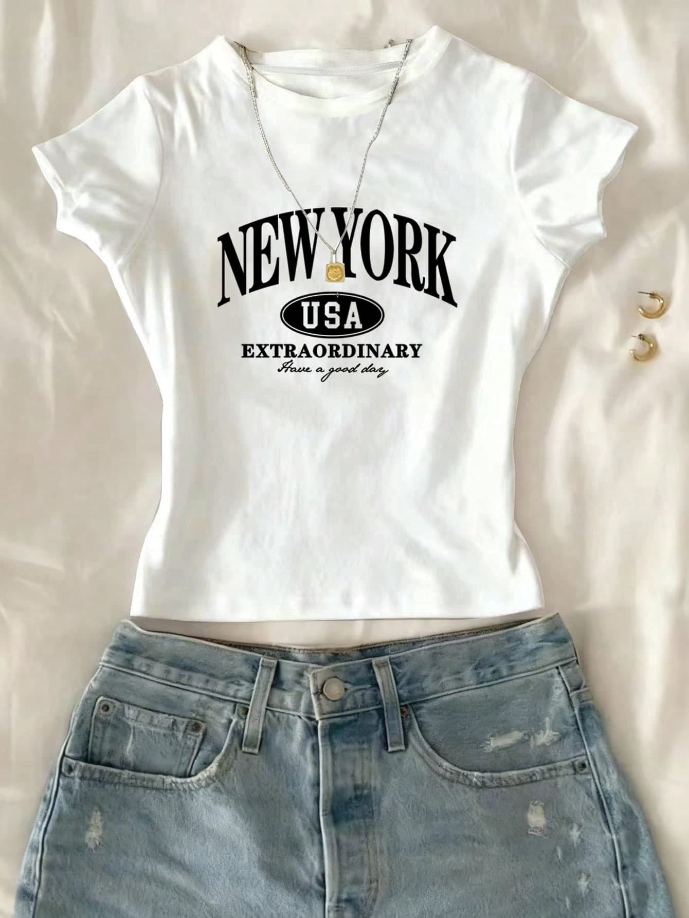 SHEIN 1pc Fitted Short Sleeve Crop Top, Black Letter Print, Minimalist Versatile Style For Teenage Girls, Suitable For Summer, Autumn, Back To School