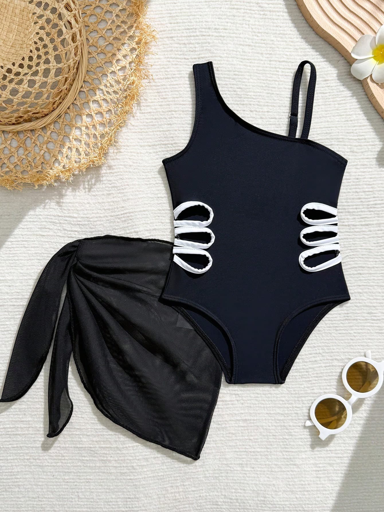 Souflis Souflis Holiday Baby Girls' Beachwear,One-Shoulder One-Piece Swimsuit With Matching Overskirt,Black Knit Side Cutout Design,2pcs Set For Swimming & Vacations