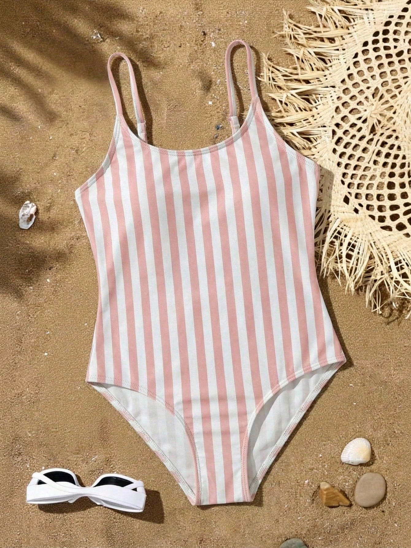 SHEIN Tween Girl Pink And White Striped Camisole One-Piece Swimsuit,Cute Summer Beach Holiday Bathing Suit For Kids,Toddler Girls' 1pc Swimwear Bodysuit