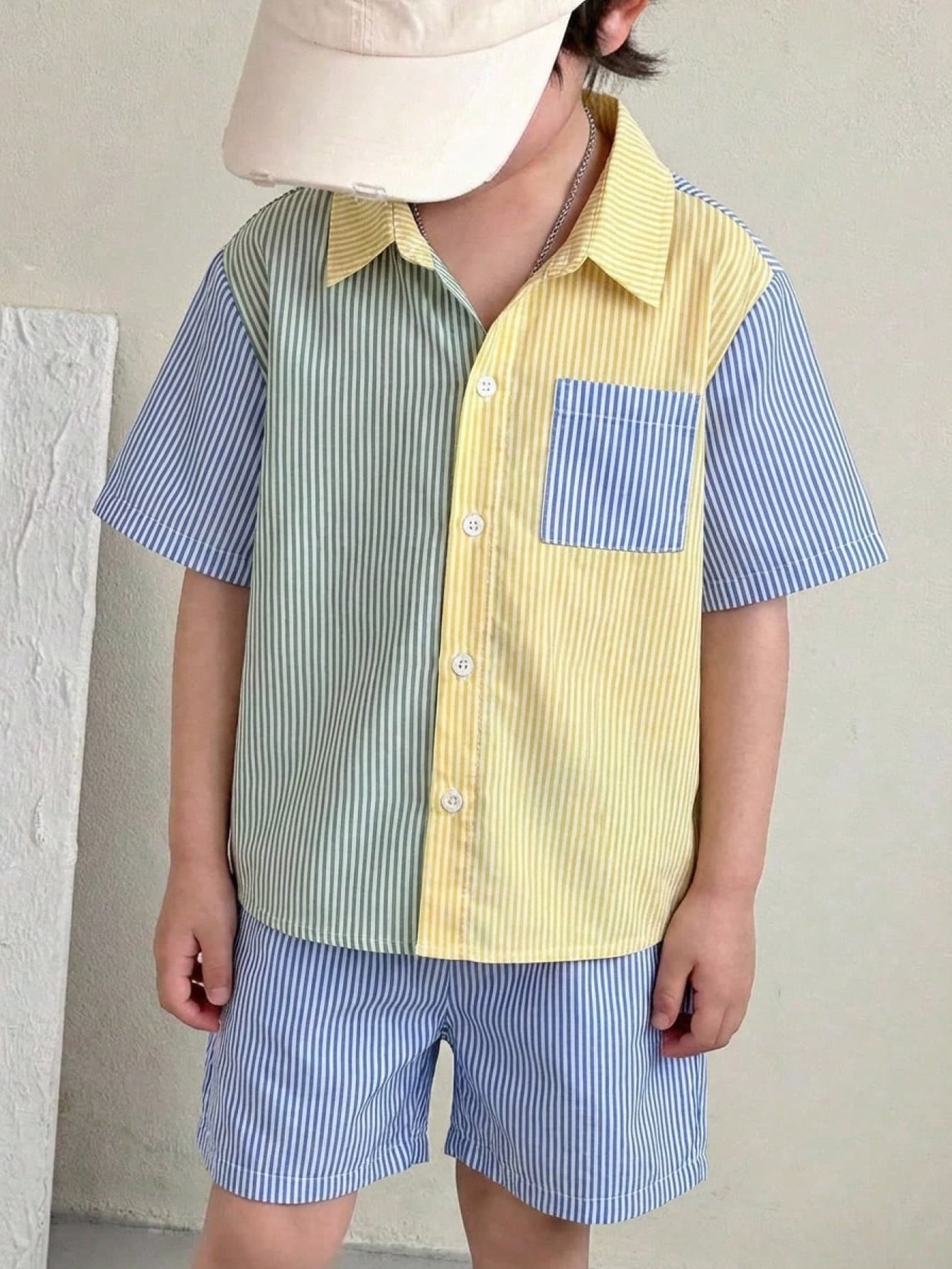 SHEIN Young Boy Summer Casual Contrast Stripe Shirt & Shorts Set,Toddler Boy Clothes,Toddler