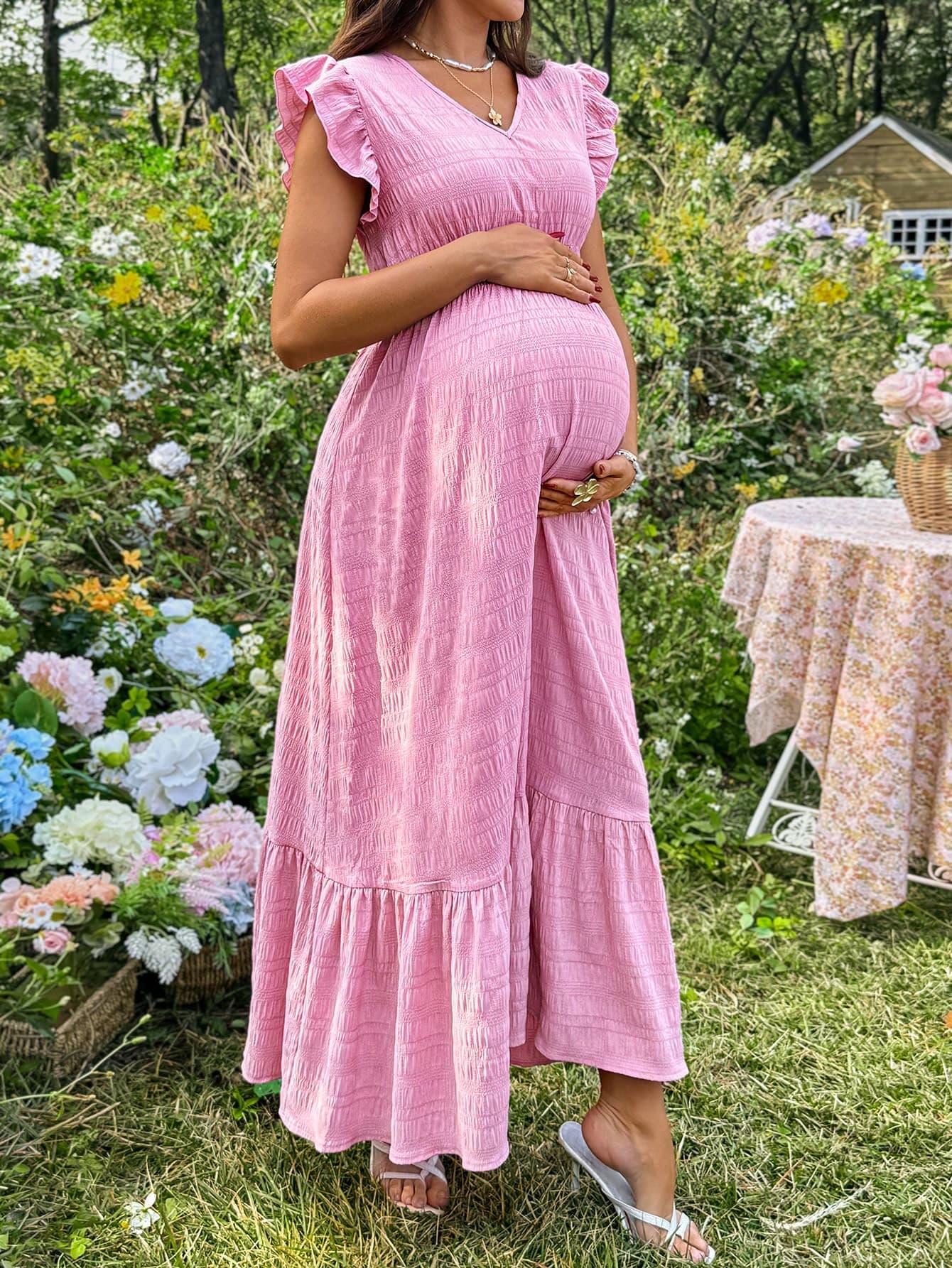 SHEIN BY0793-T- Maternity Casual Solid Color Ruffle Hem V-Neck Sleeveless Dress
