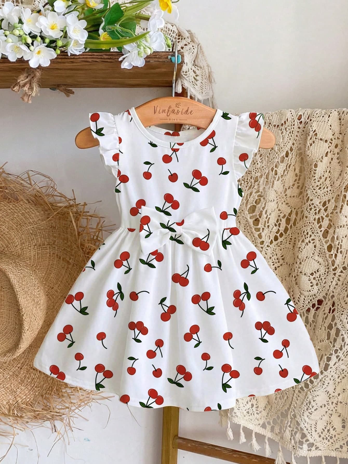 1pc Baby Girl Dress,White And Red Cherry Print Cap Sleeve Bow Decor,Cute Summer Casual Wear For 6 Months-3 Years,Soft Lightweight First Birthday Dress