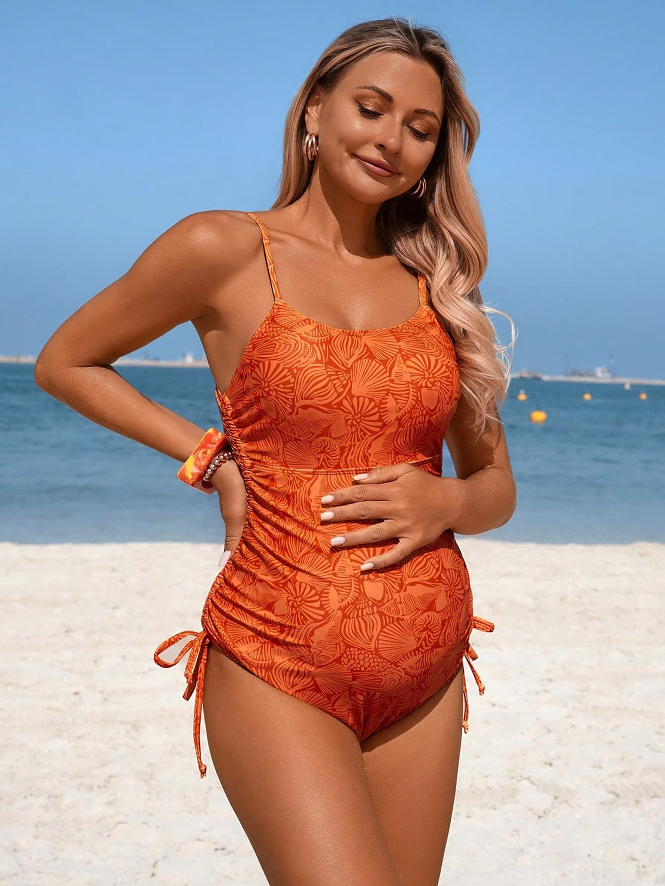 Swim Vcay Rust Orange Women's One-Piece Swimsuit,Shell Print Side Drawstring Spaghetti Strap Tummy Control Bathing Suit For Summer,Beach,Holiday,Wedding Ninang