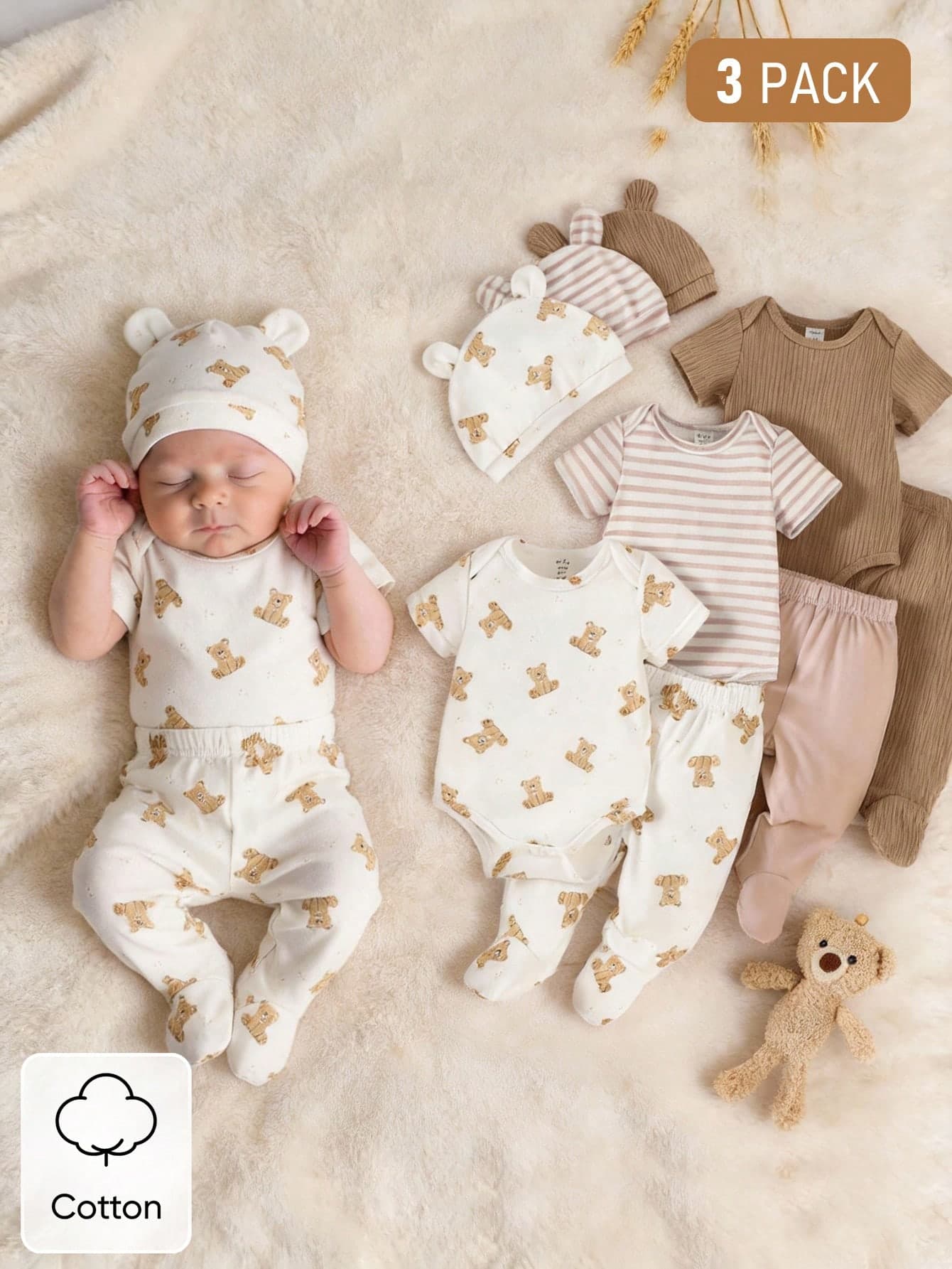 SHEIN 3pcs/Set Newborn Unisex White Cute Bear & Ribbed Pattern Cotton Outfit Short Sleeve Bodysuit Pants Hat Soft Autumn Family Matching Neutral Clothes
