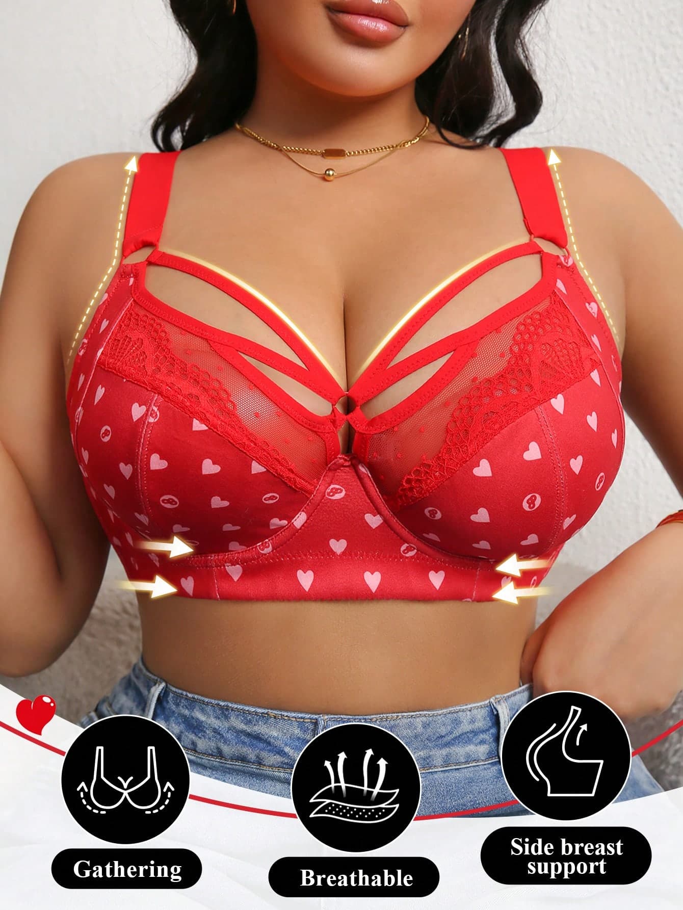 DesireSculpt Plus Size Lace Print Patchwork Comfortable Wide Strap Underwire Bra, 1pc Big Size Bra Plus Size Bra