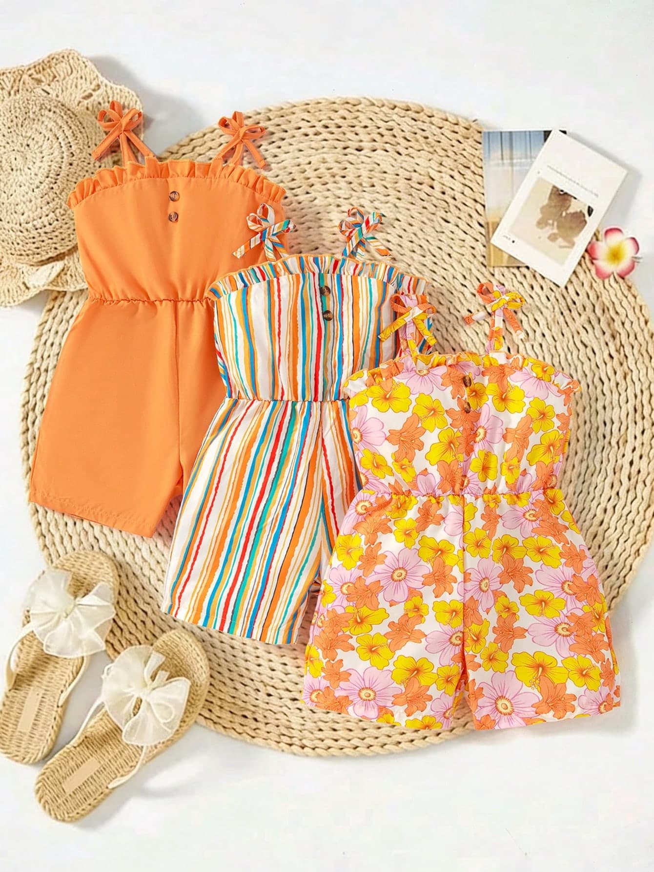 SHEIN 3pcs/Set Young Girl Cute Floral,Striped & Solid Color Romper,White Summer Beach Holiday Casual Outfits For Multi-Child Families,Outdoor Play & School