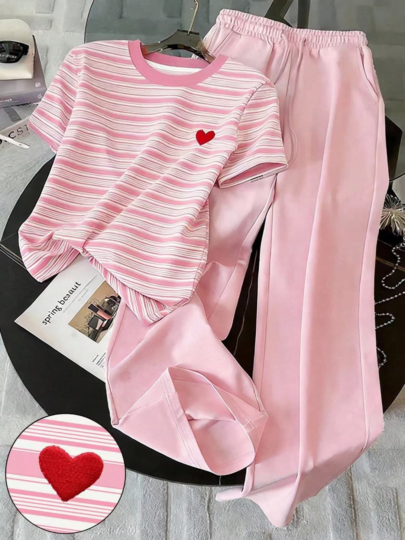 Resyla Striped Digital Print Casual Round Neck T-Shirt Set, Gift For Friends