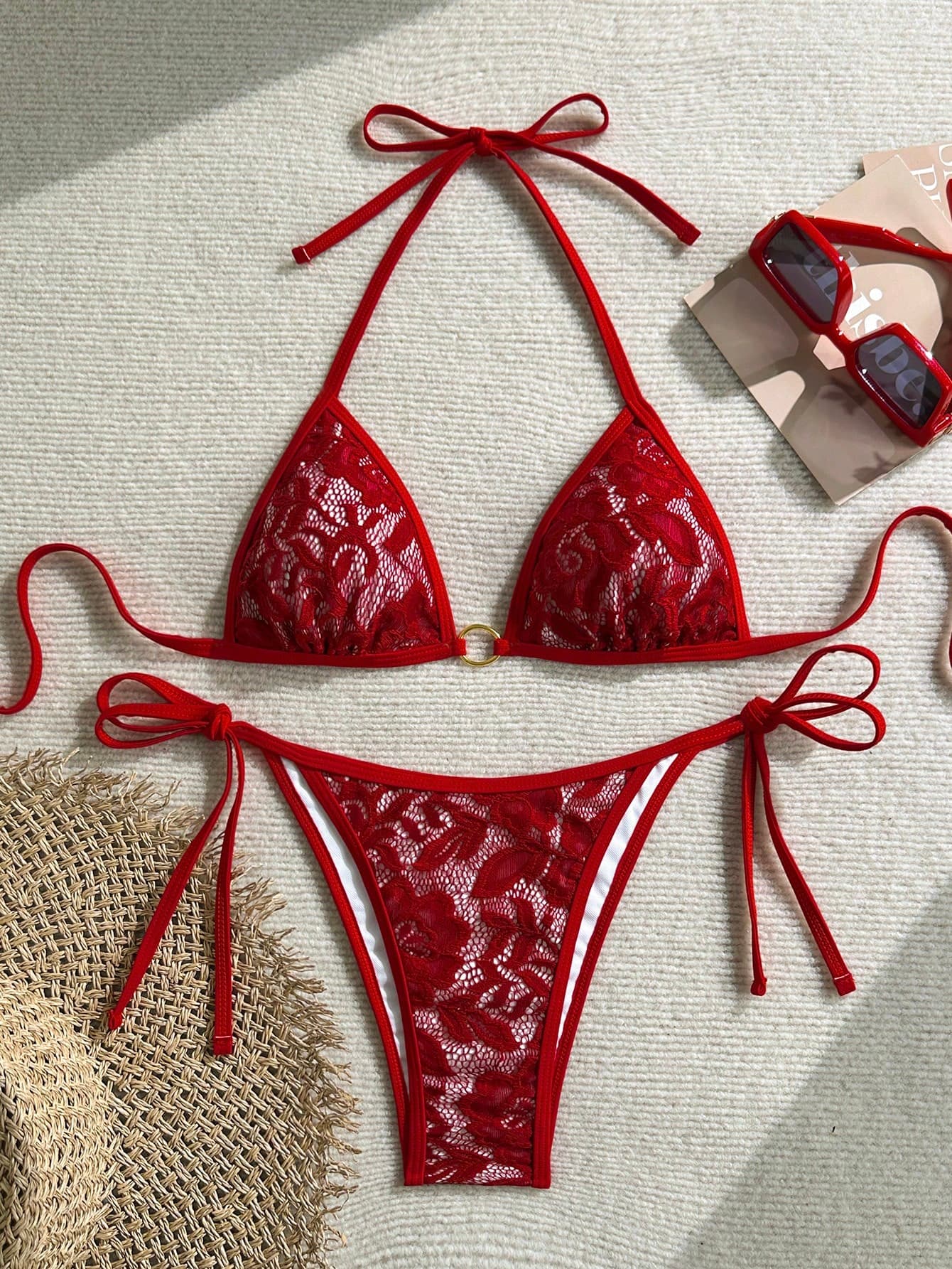 Swim Mod Women's Summer Beach Solid Color Halter Tie Sexy Bikini Swimwear Set Red Bikini Set Red Lace Bikini