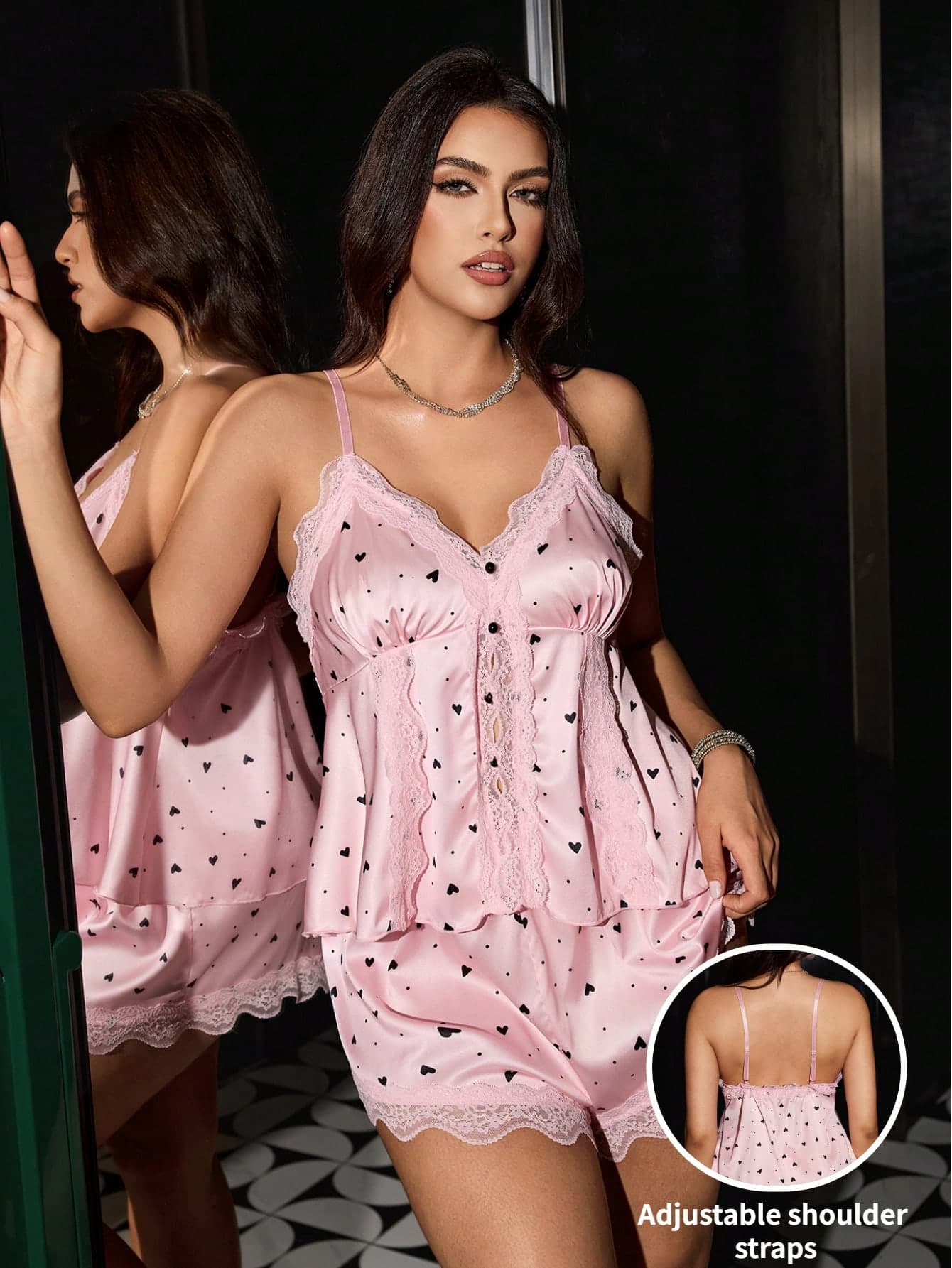 SilkySpell Heart Print Contrast Lace Contrast Color Satin Backless Camisole & Shorts Pajama Set, Plus Size