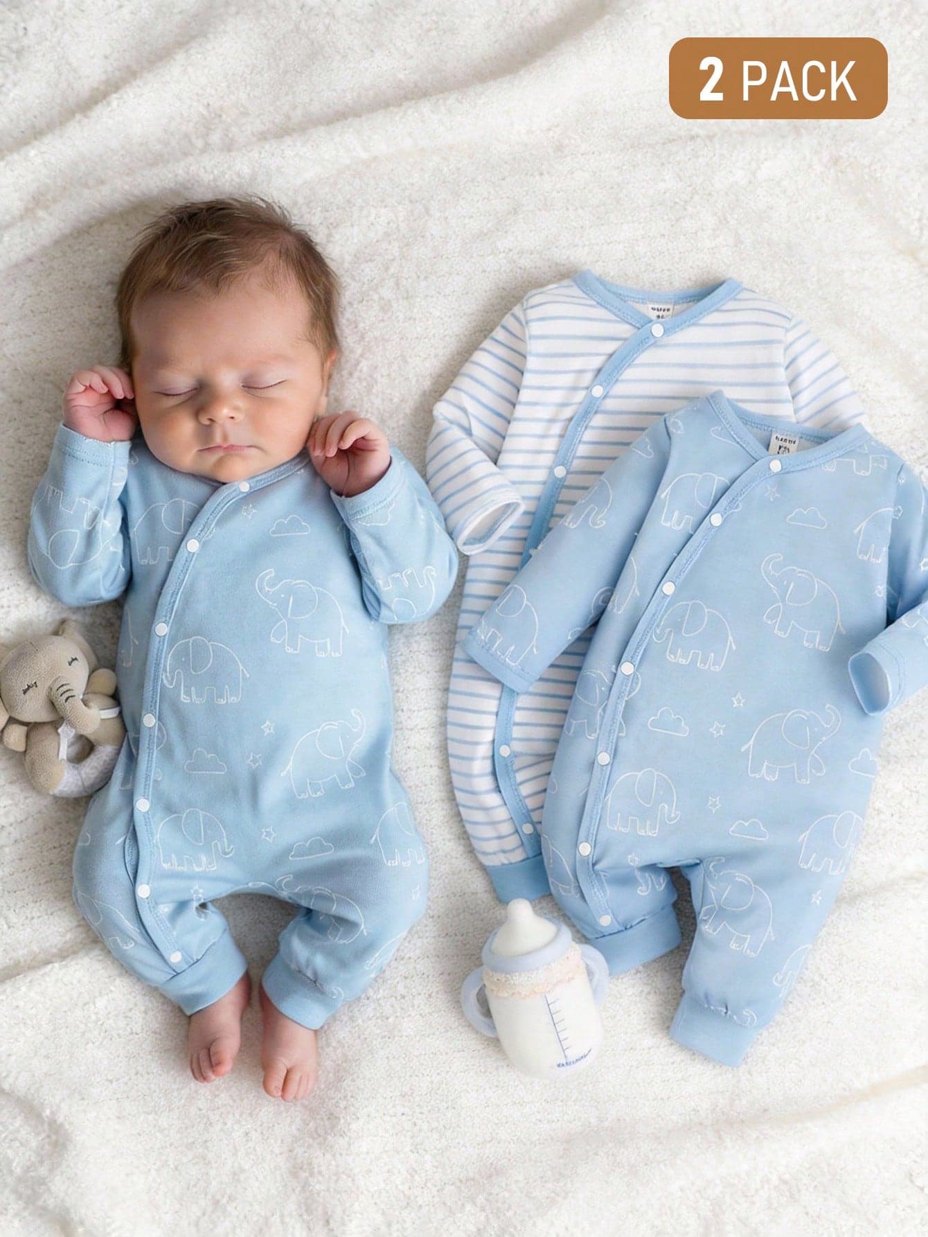 SHEIN Newborn Elephant Print Blue And White Striped Knit Fabric Long Sleeve Romper Autumn Cute Family Matching Soft Loose 2pcs Set Unisex Baby Clothes