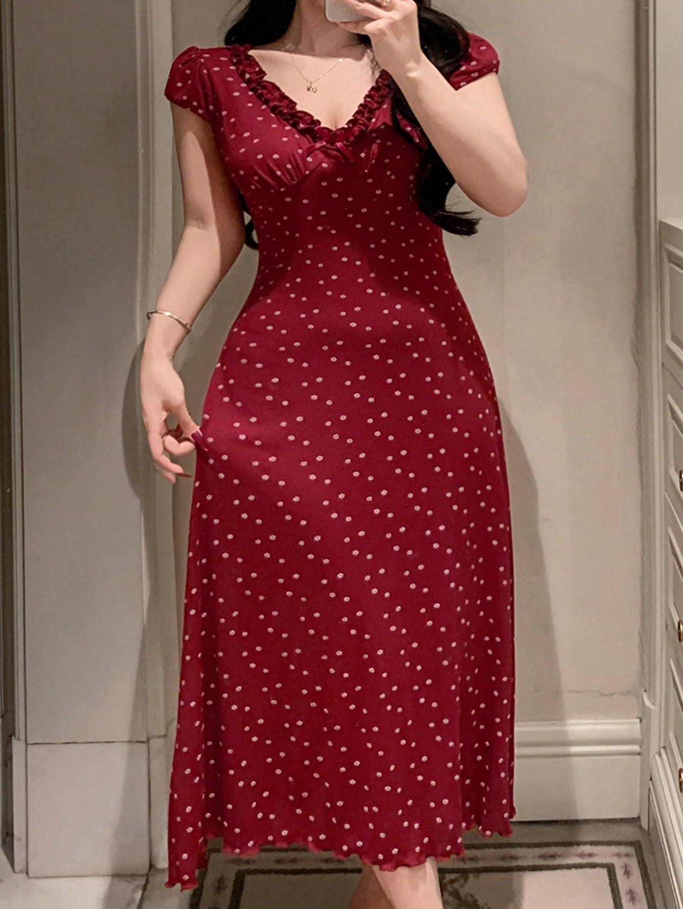 Dazy Plus Ditsy Floral Frill Hem Waist Cinched Long Sexy Red Nightgown For New Year Pajamas