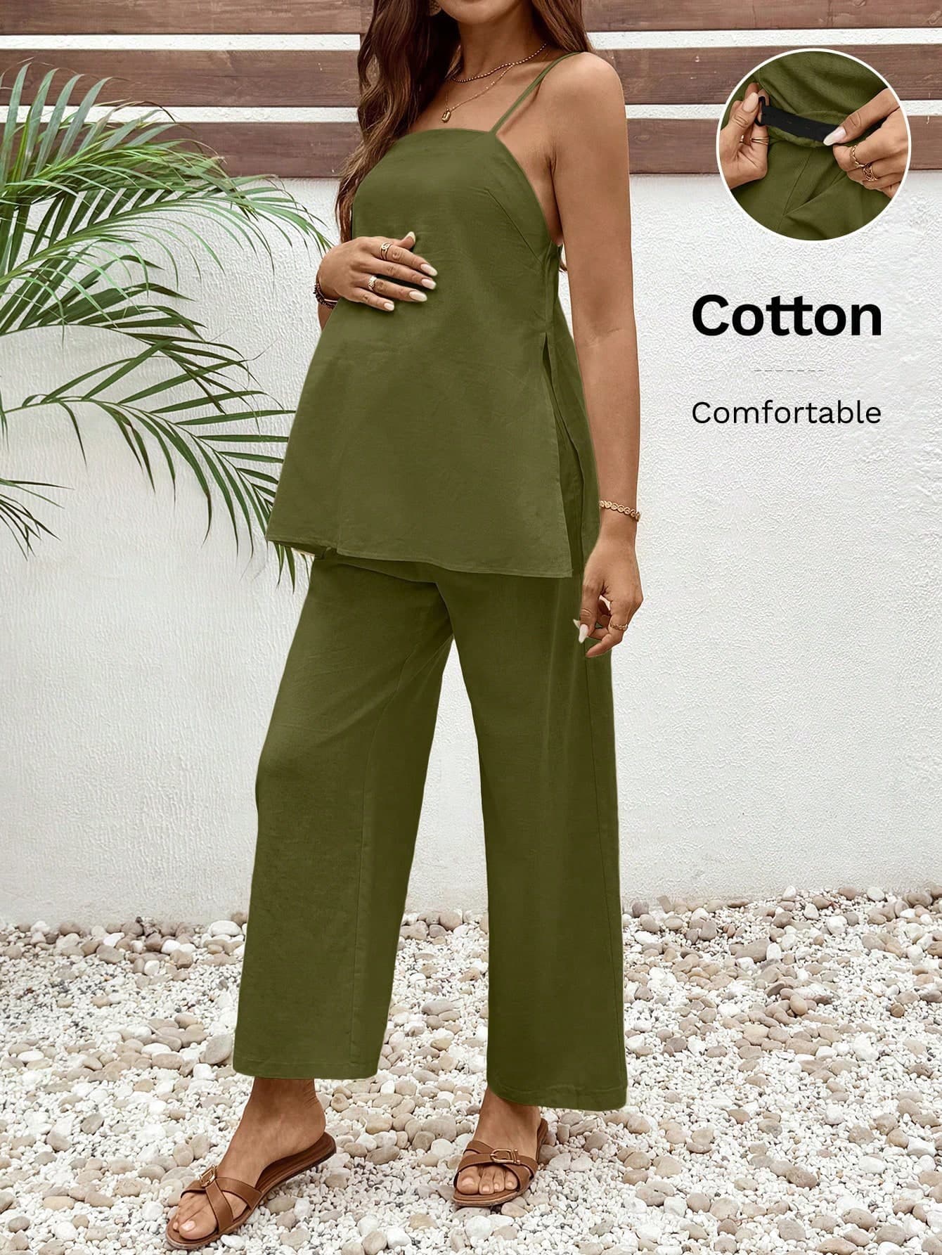 SHEIN Maternity Summer Casual Vacation Daily Commute Solid Color Camisole And Adjustable Waist Pants 2 Pieces Set