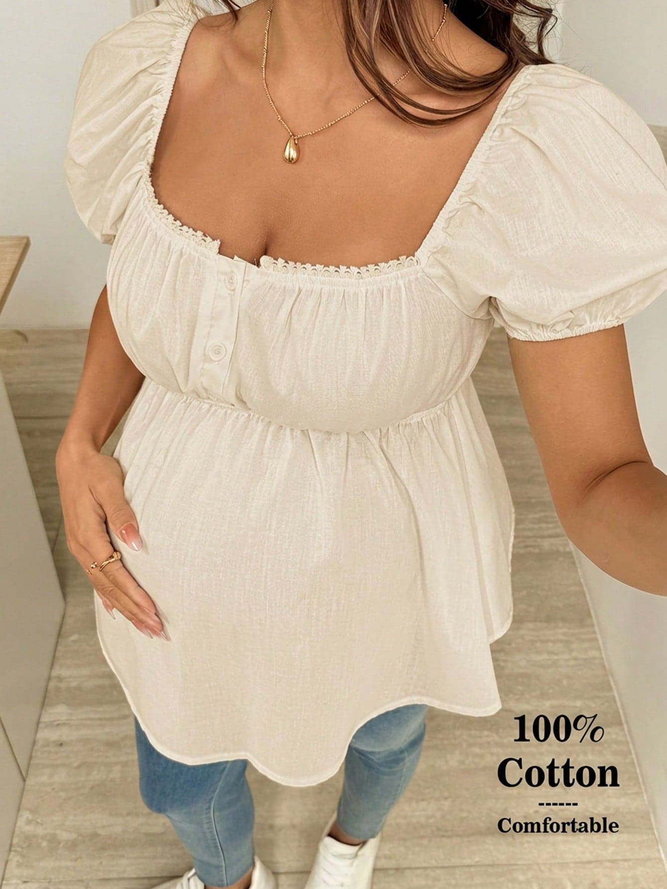 SHEIN Maternity Summer Casual Solid Color Puff Sleeve Shirt