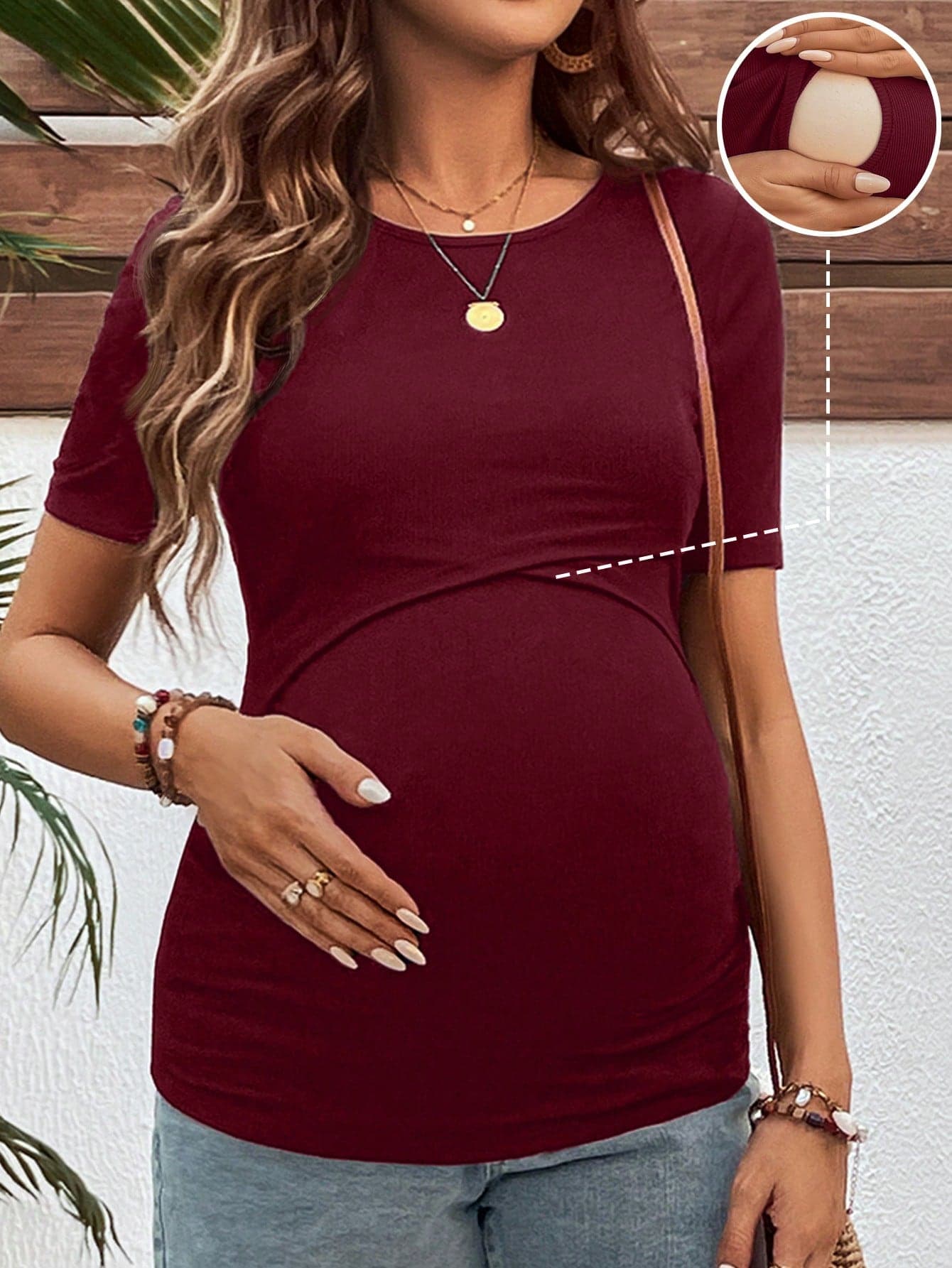SHEIN Maternity Solid Color Round Neck Short Sleeve Nursing Top