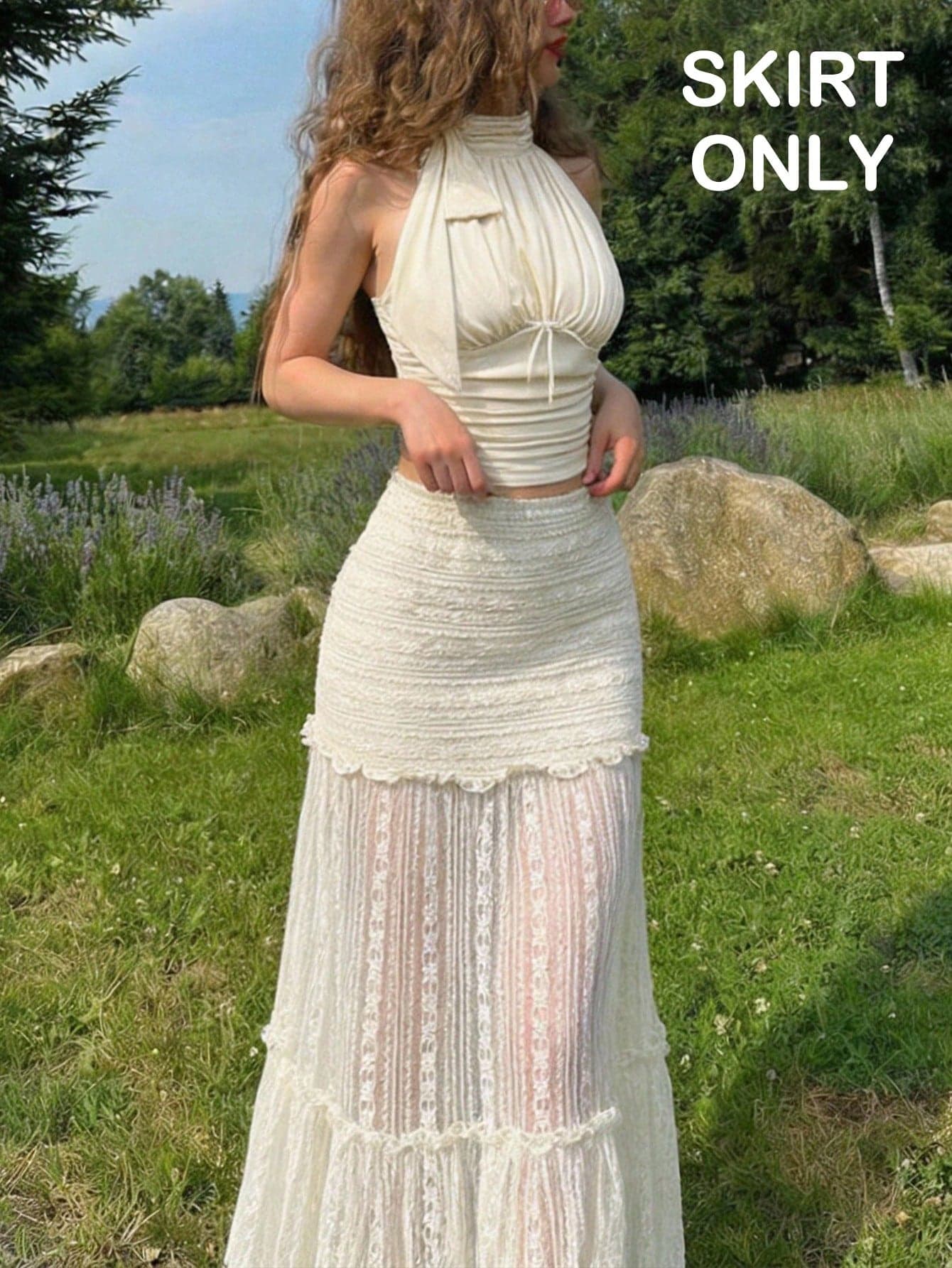 Skyraze Women's Apricot Lace Ruffle Hem Maxi Skirt,Summer,,Vacation,Holiday,Cream Elegant Boho Long,Tea Party,Beach,Wedding Guest,Graduation,