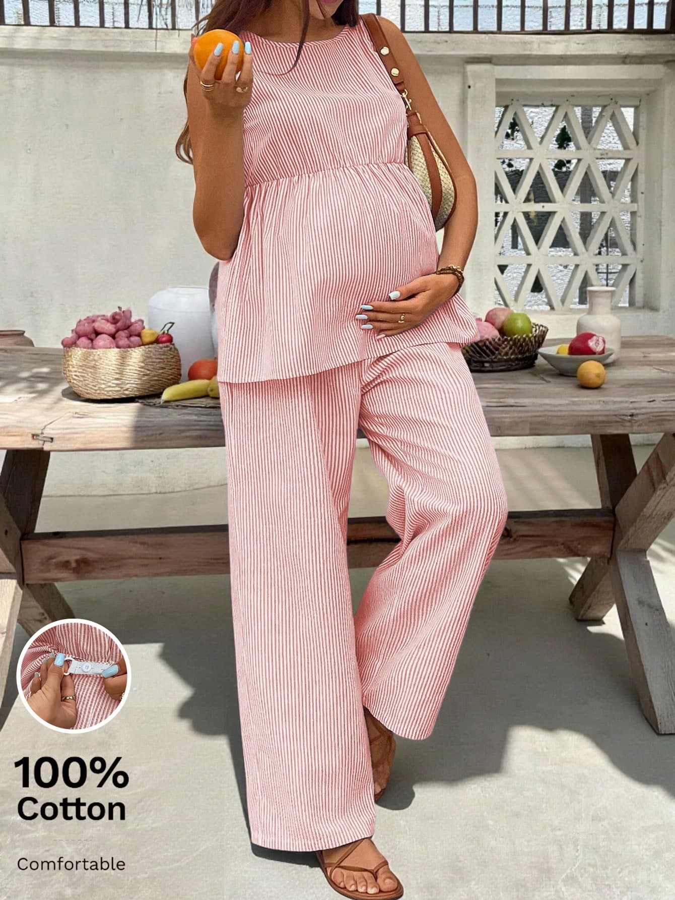SHEIN Maternity Vacation Striped Ruffle Hem Sleeveless Top And Adjustable Waist Pants Casual 2 Pieces Set