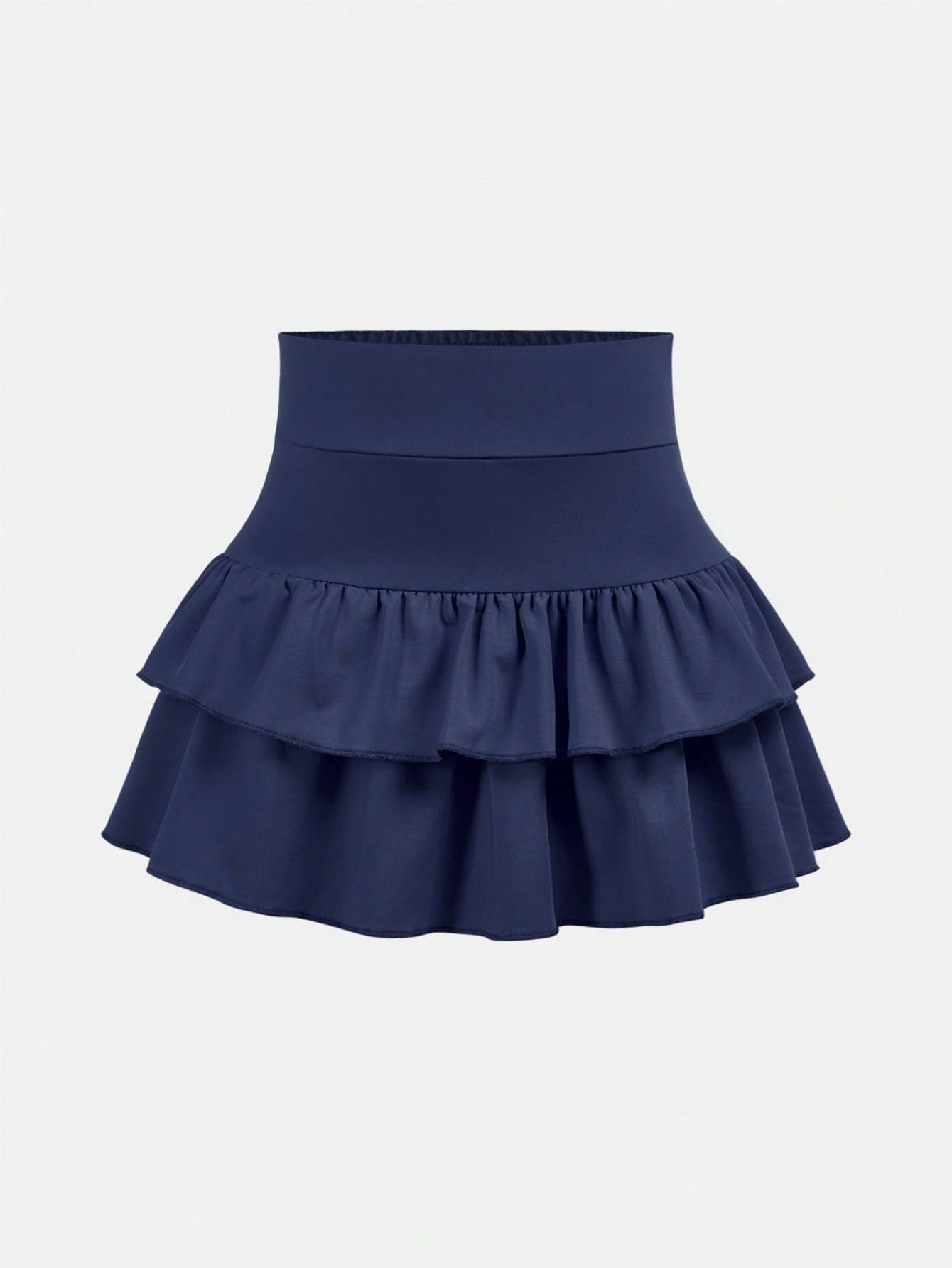 SHEIN Girlism Tween Girls Knitted Solid Color Cute Ruffle Layered Built-In Shorts Mini Skirt,Y2K Fashion,Back To School,Cutecore Navy Blue Kids Racerback