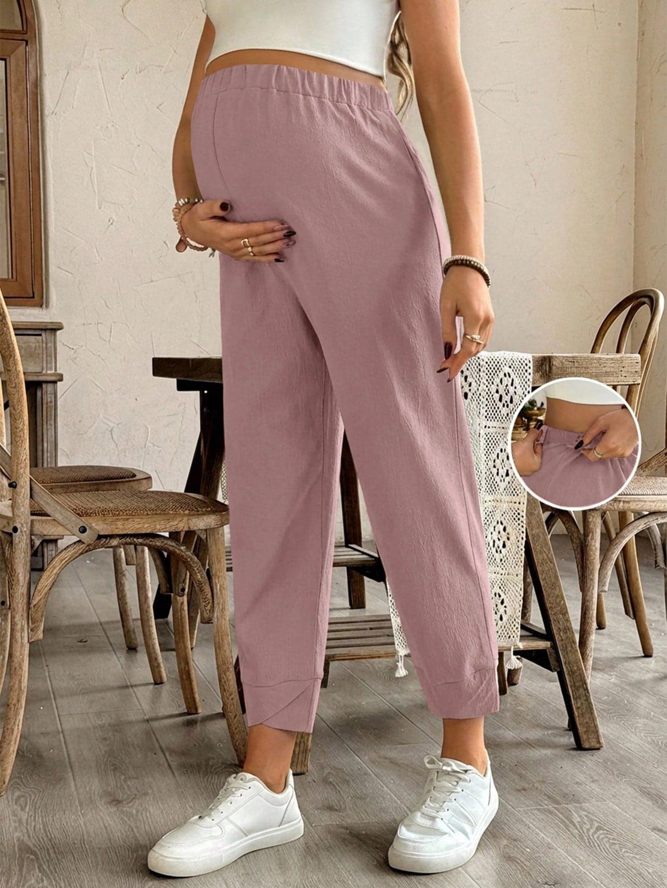 SHEIN Elastic Waist Solid Color Tapered Maternity Pants