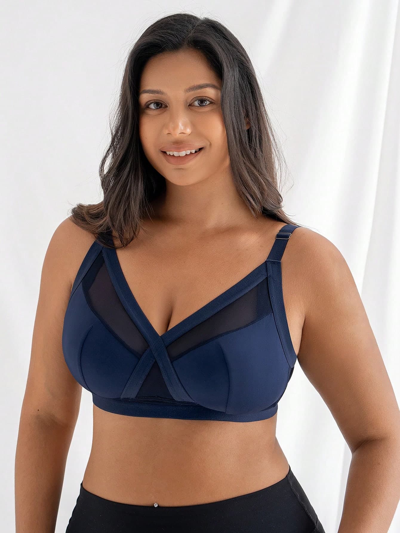 DesireSculpt Packable Blue Knitted Fabric Plus Size Criss Cross Plain Bralette Bra For Women Plus Size Built In Bra Tops Curve Shapeware For Plus Size Women
