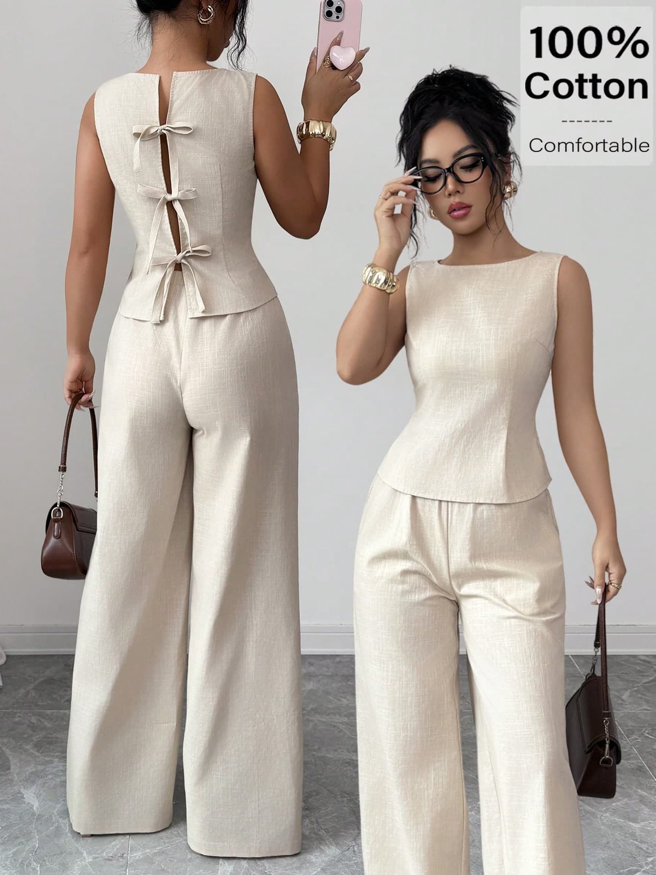 Siren Gaze Elegant Women's Apricot Woven Two-Piece Set Round Neck Sleeveless Blouse And Wide Leg Pants Outfit