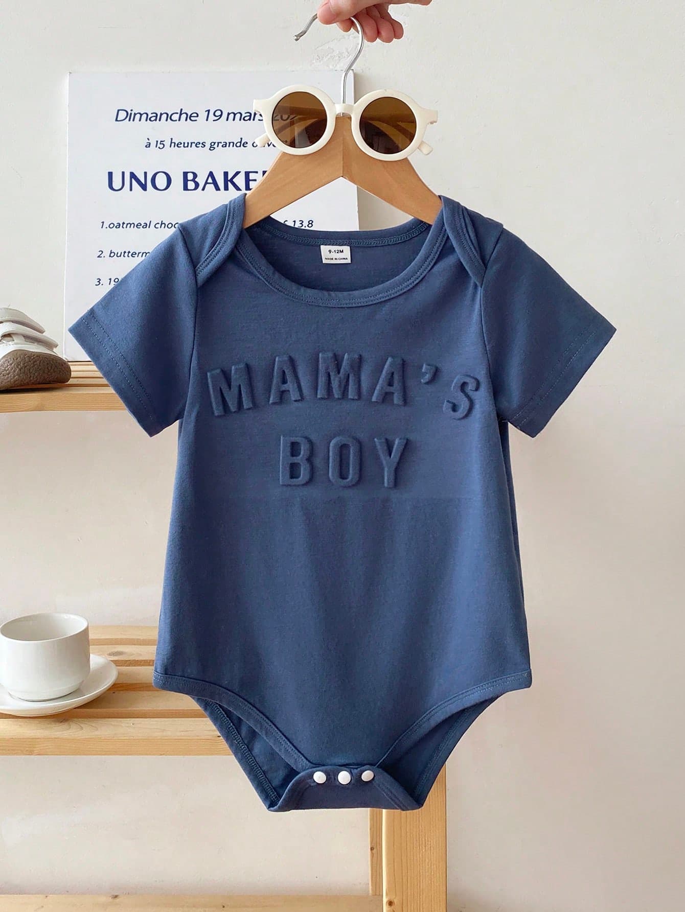 SHEIN Playful Pals Baby Boy Infant Toddler 0-3 Years Old Summer Blue Casual Work Cotton Knitted Short Sleeve Romper Funny 3D Slogan ""MAMA'S BOY"" Bodysuit Outfits