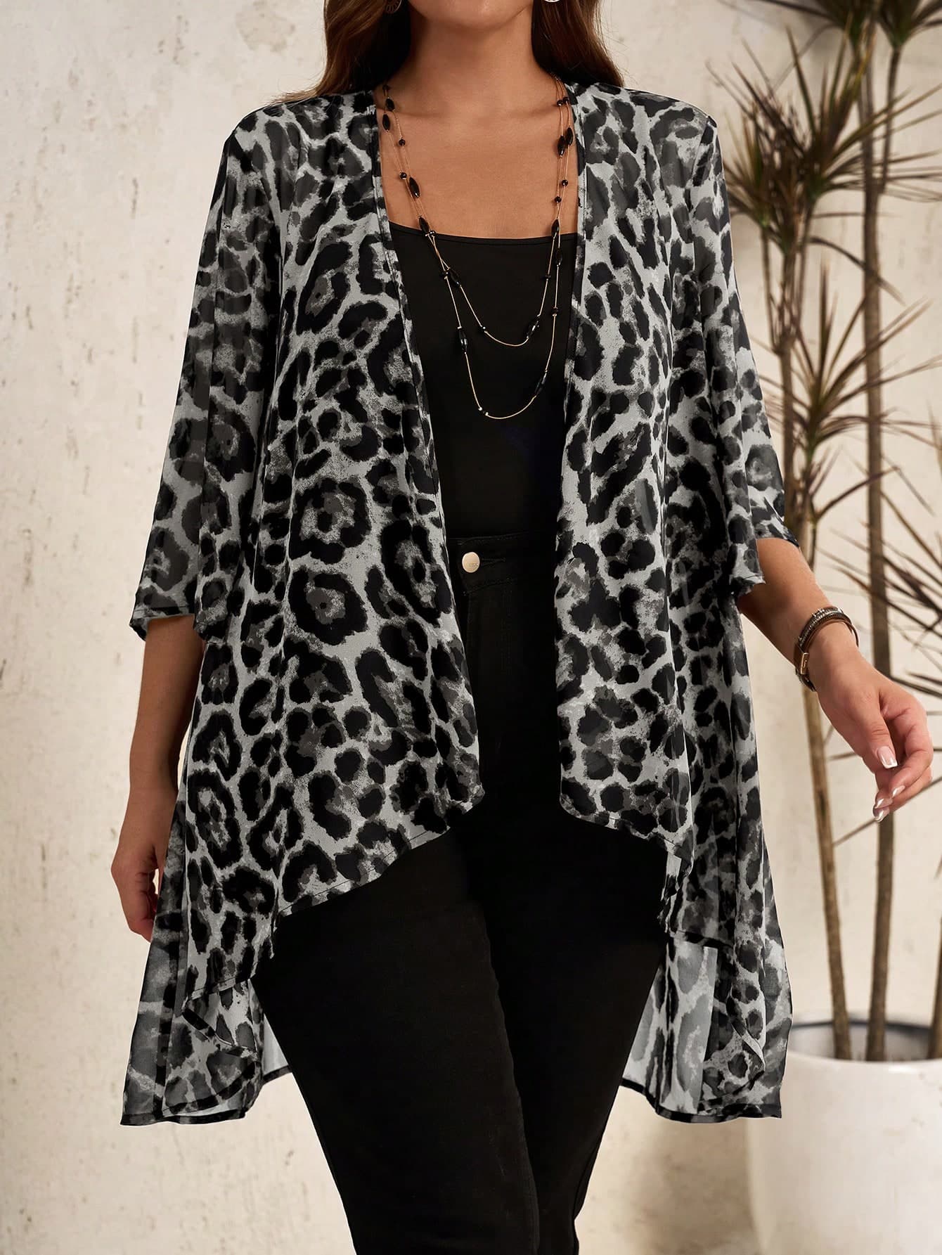 EMERY ROSE Plus Size Casual Leopard Print Asymmetric Hem Jacket Fall