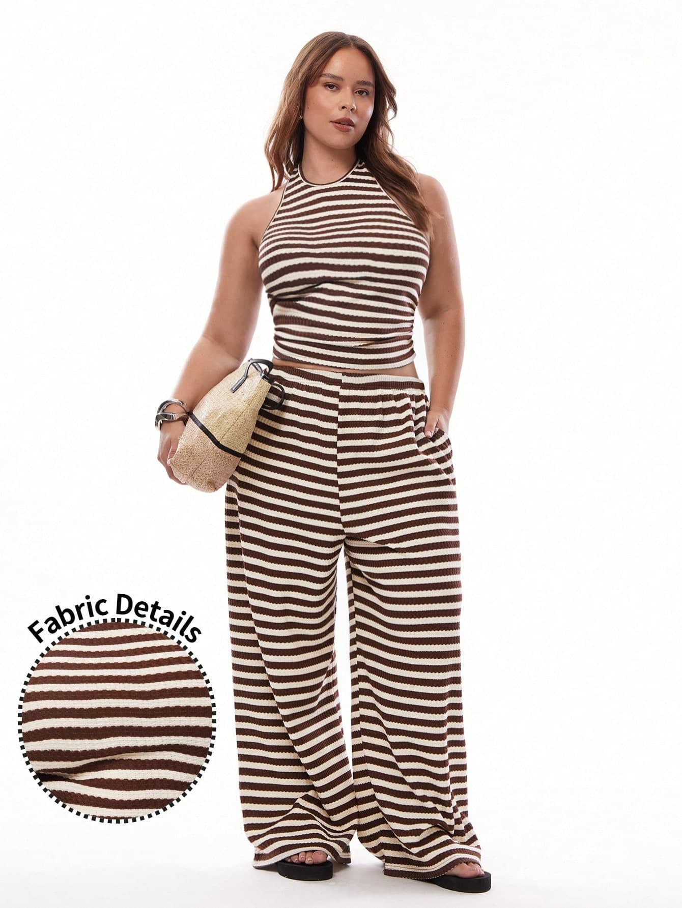 Solavibe Women Plus Size Brown White Striped 2 Pieces Set,Summer Casual Holiday Beach Outfit,Backless Halter Top & Wide Leg Pants,Sequin Bussines Co Ord Sets