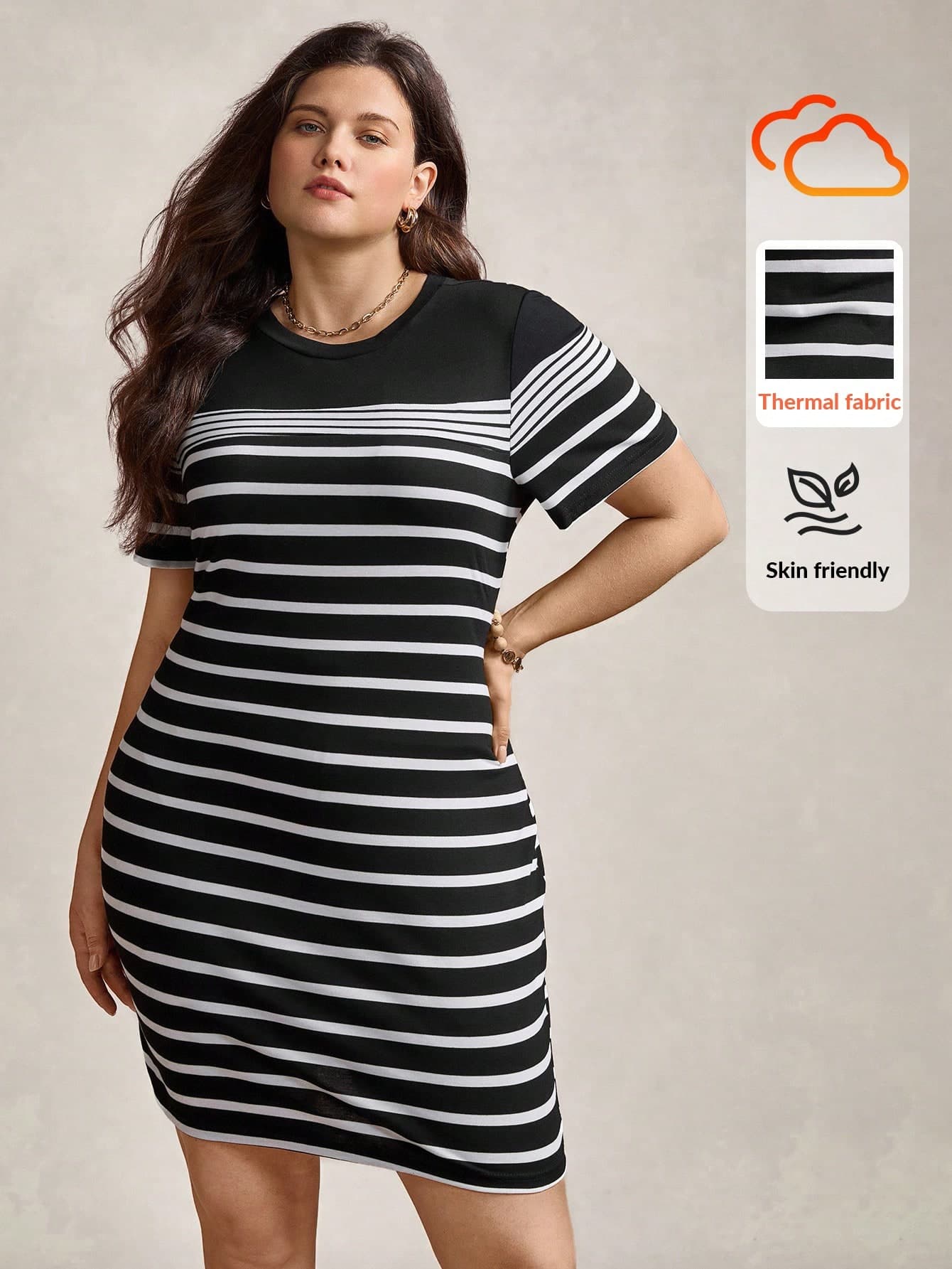 Zelara Plus Size Round Neck Striped & Printed Casual Summer Short Sleeve Dress