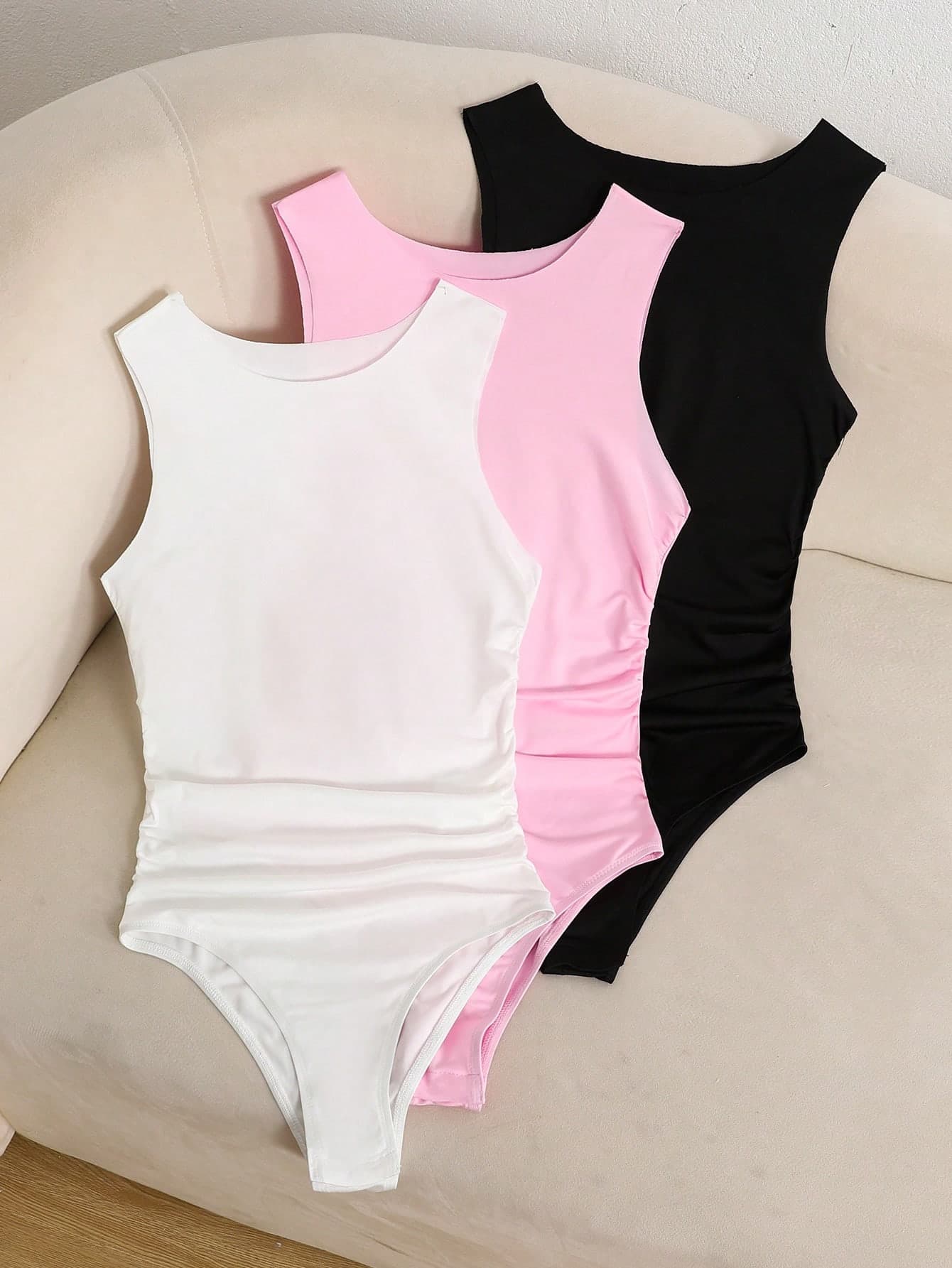 SHEIN 3pcs Tween Girls' Casual Waist Tie Sleeveless Jumpsuit Set Bodysuits For Teen Girls Girls Leotard Kids Leotard,Kids