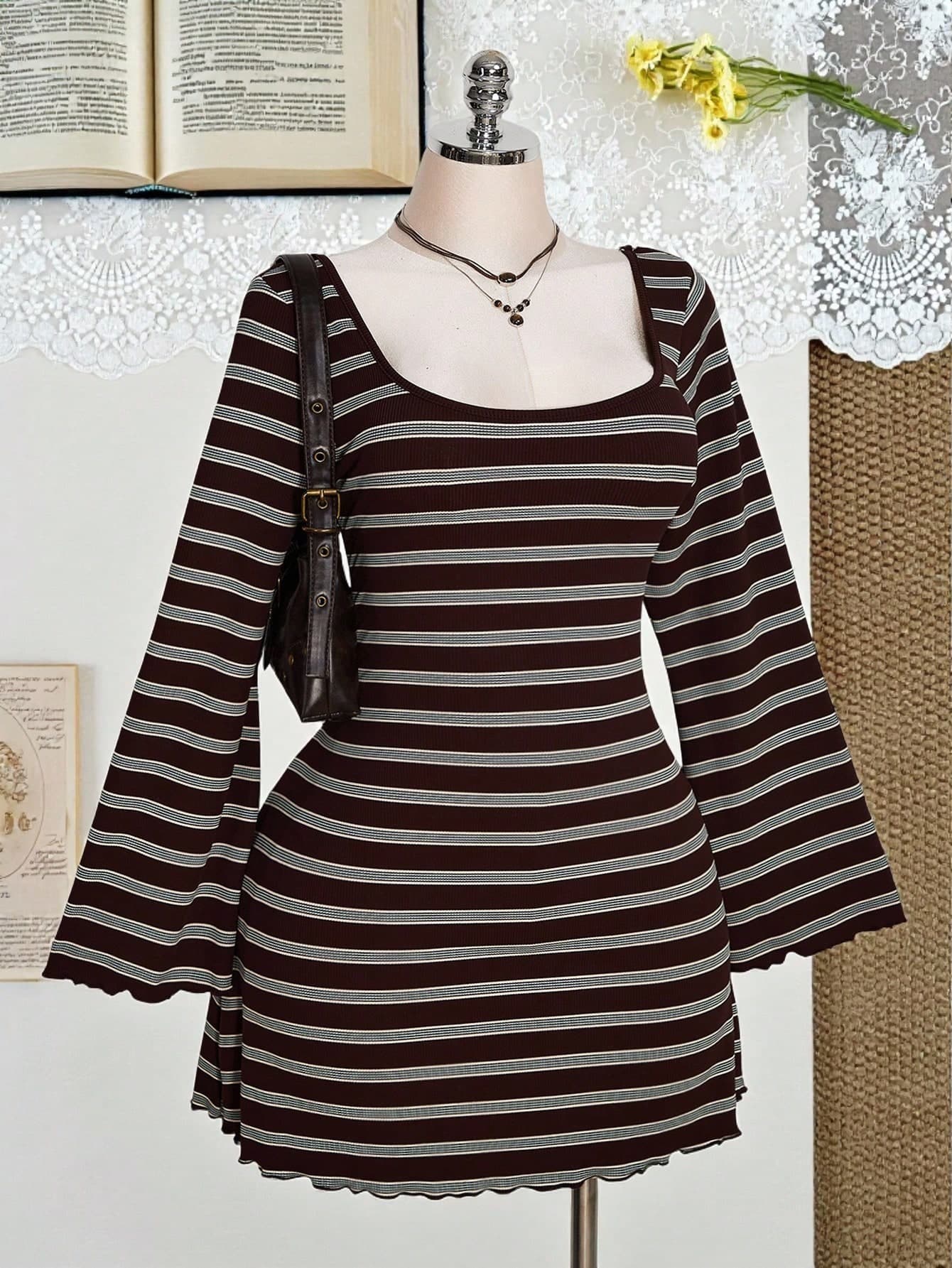 SHEIN ICON Plus Size Colorful Striped Backless Flare Sleeve Knit Dress Bell Sleeve Dress Striped Dress Scoop Neck Dress Fall