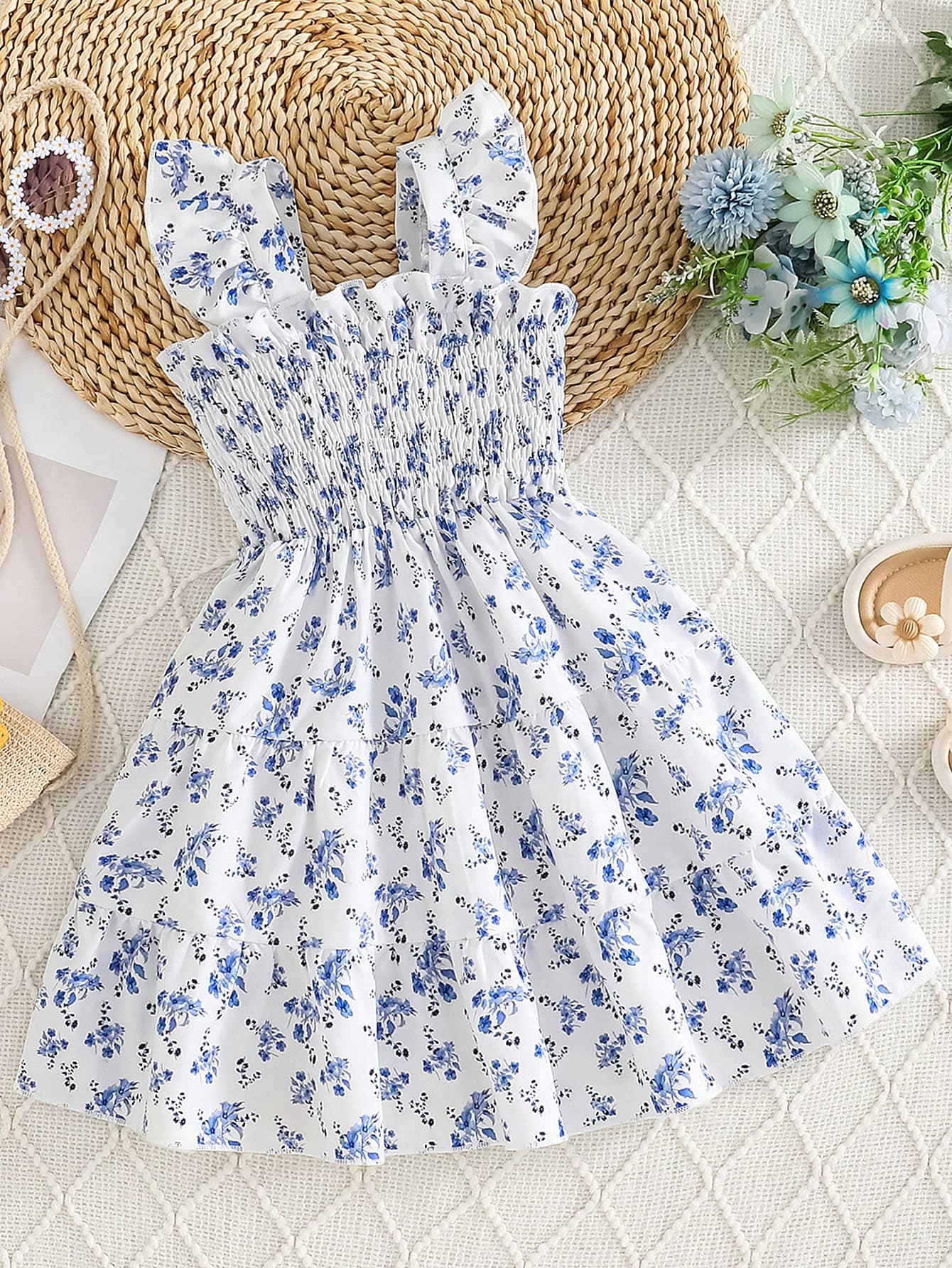 SHEIN Genkimix Kids Young Girl'Sweet Cute White Floral Ruffled Layered Cap Sleeve Cake Dress,Matching Summer Family Vacation Holiday&Outdoor Blue And White Floral Dress