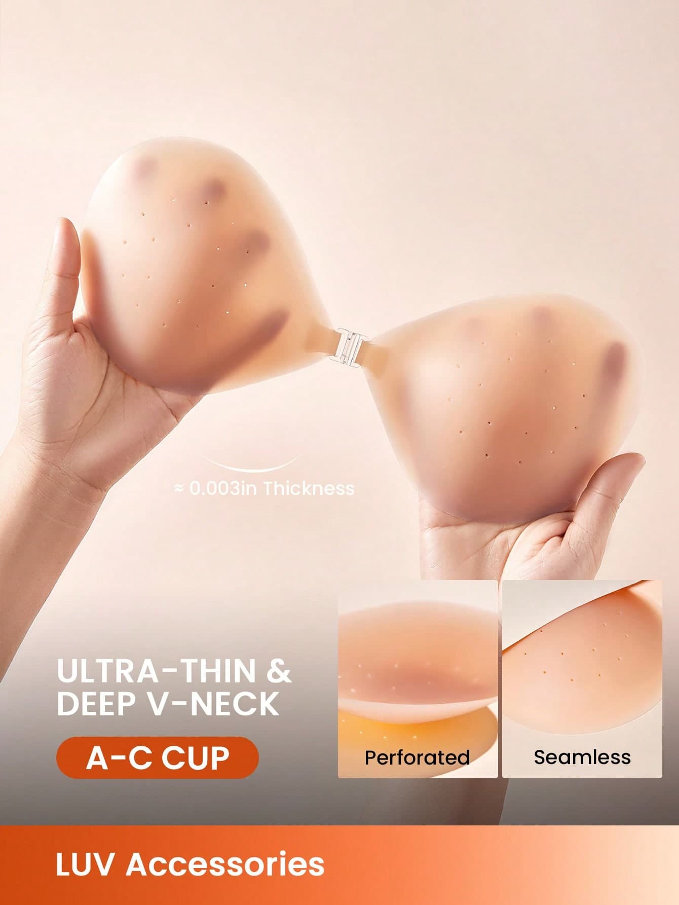 LUVLETTE Reusable Backless Strapless Perforated No-Show Silicone Lift-Up Bra-With Free Nipple Pasties-Ready-To-Go Travel Essentials Bronze Cover Wedding Bra