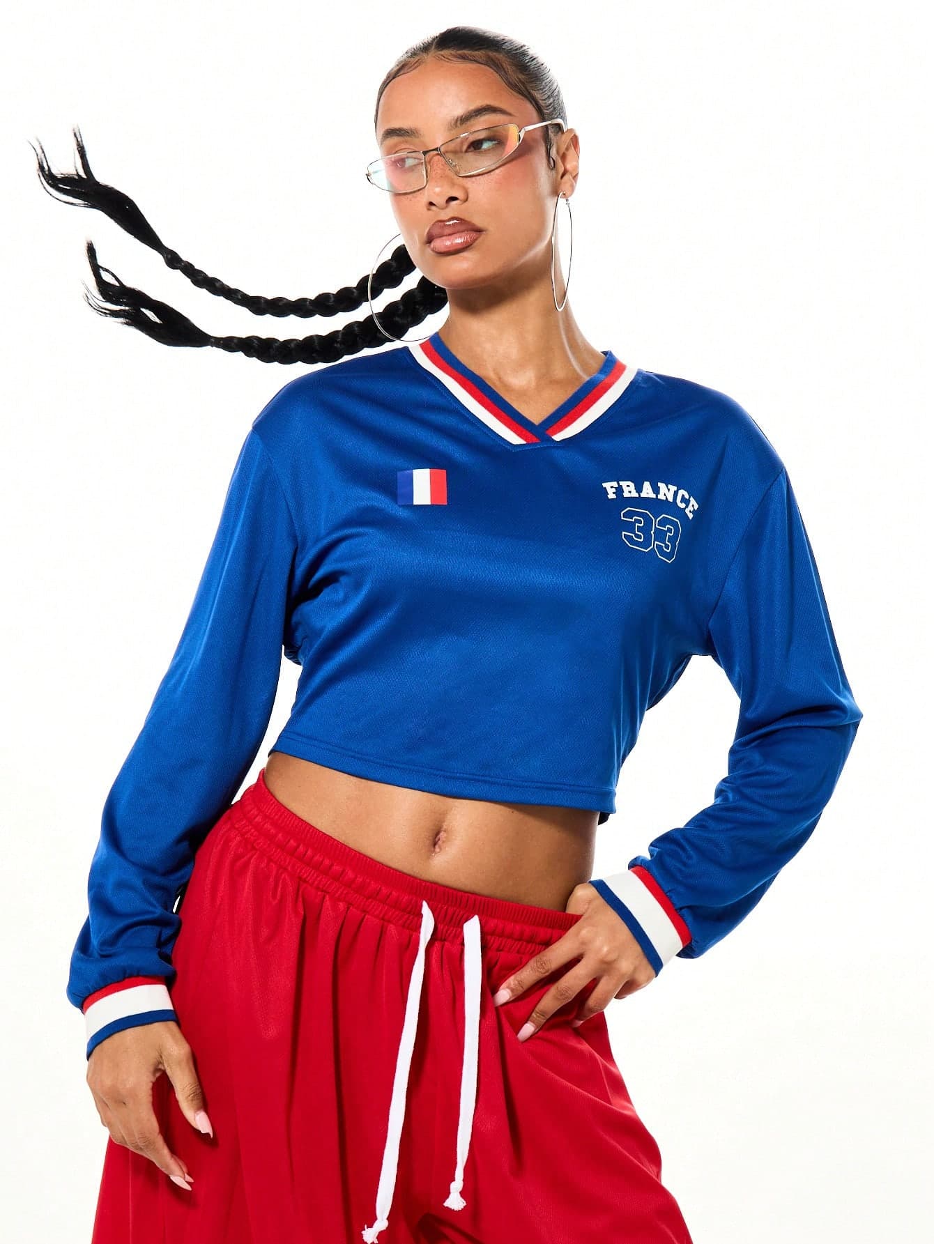 SUMWON WOMEN Blue France Mesh Long Sleeve V-Neck Football Top With Red And White Striped Trim And Lace Up Back Detail, World Cup 2026 Sporty Game Streetwear Jersey