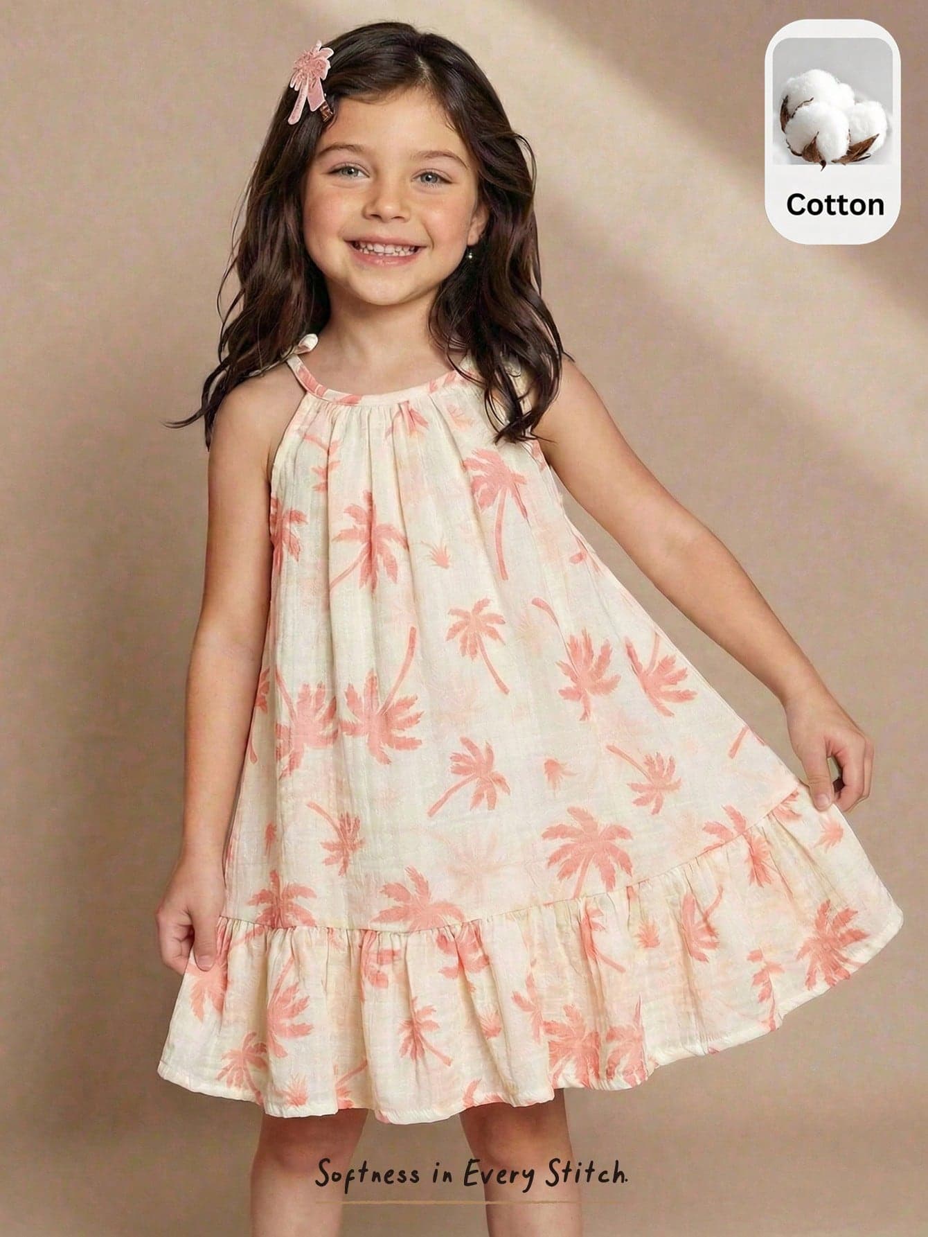 Cozy Pixies Young Girls Pink Floral Print Camisole Dress, Summer Beach Holiday Toddler Sundresses, Versatile Tropical Palm Tree Hibiscus Vacation Dress