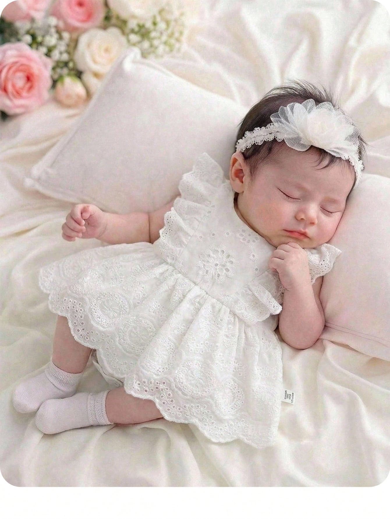 Newborn Baby Girl White Embroidered Floral Ruffle Romper,Elegant Pearl Sleeveless Bodysuit For Summer,Party,Photoshoot,Resort Casual Vacation Outfit